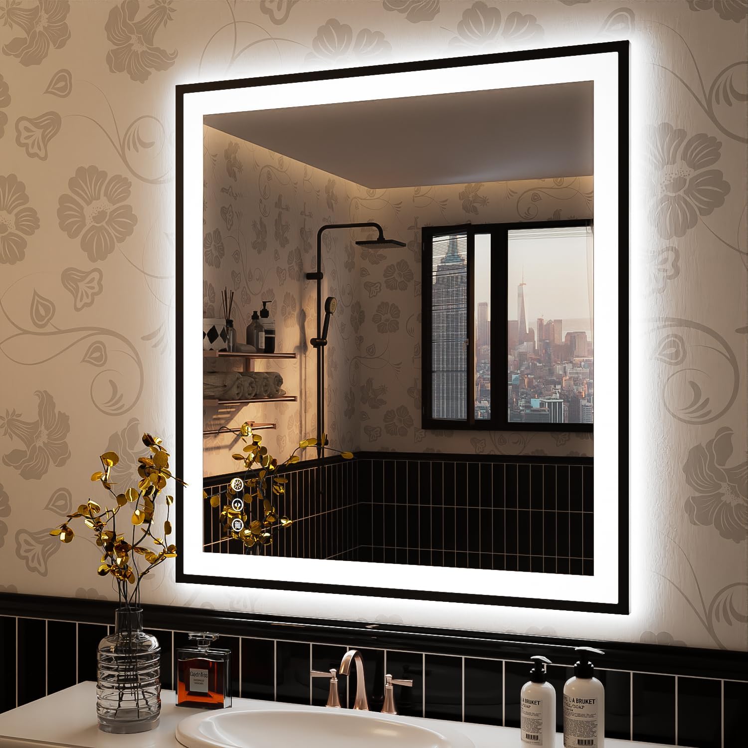 ISKM LED Bathroom Mirror 36x32 Inch with Front and Backlight, Large Framed Dimmable Lighted Anti-Fog Wall Vanity Mirror, 3 Colors, Shatterproof and Waterproof, Memory Function 36'' x 32''