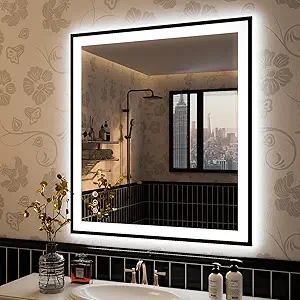 ISKM Framed LED Mirror for Bathroom 36"x32", Dimmable LED Bathroom Mirror with Lights, Anti-Fog, Front and Backlit Lighted Mirror 3-Colors, Shatterproof, Memory Function