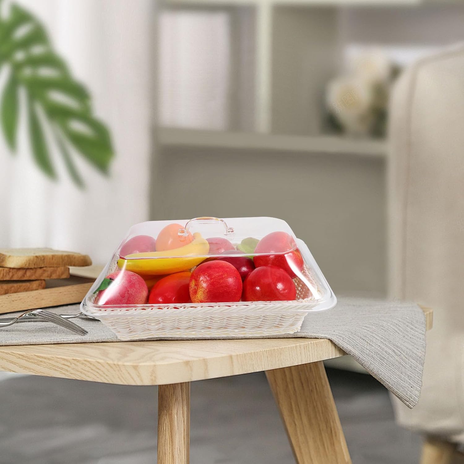 Woven Bread Basket with Lid, White Rectangular Food Storage Basket 35x25x15cm for Bread, Fruit, Cake, and Snacks, Kitchen Serving Tray for Parties and Dining