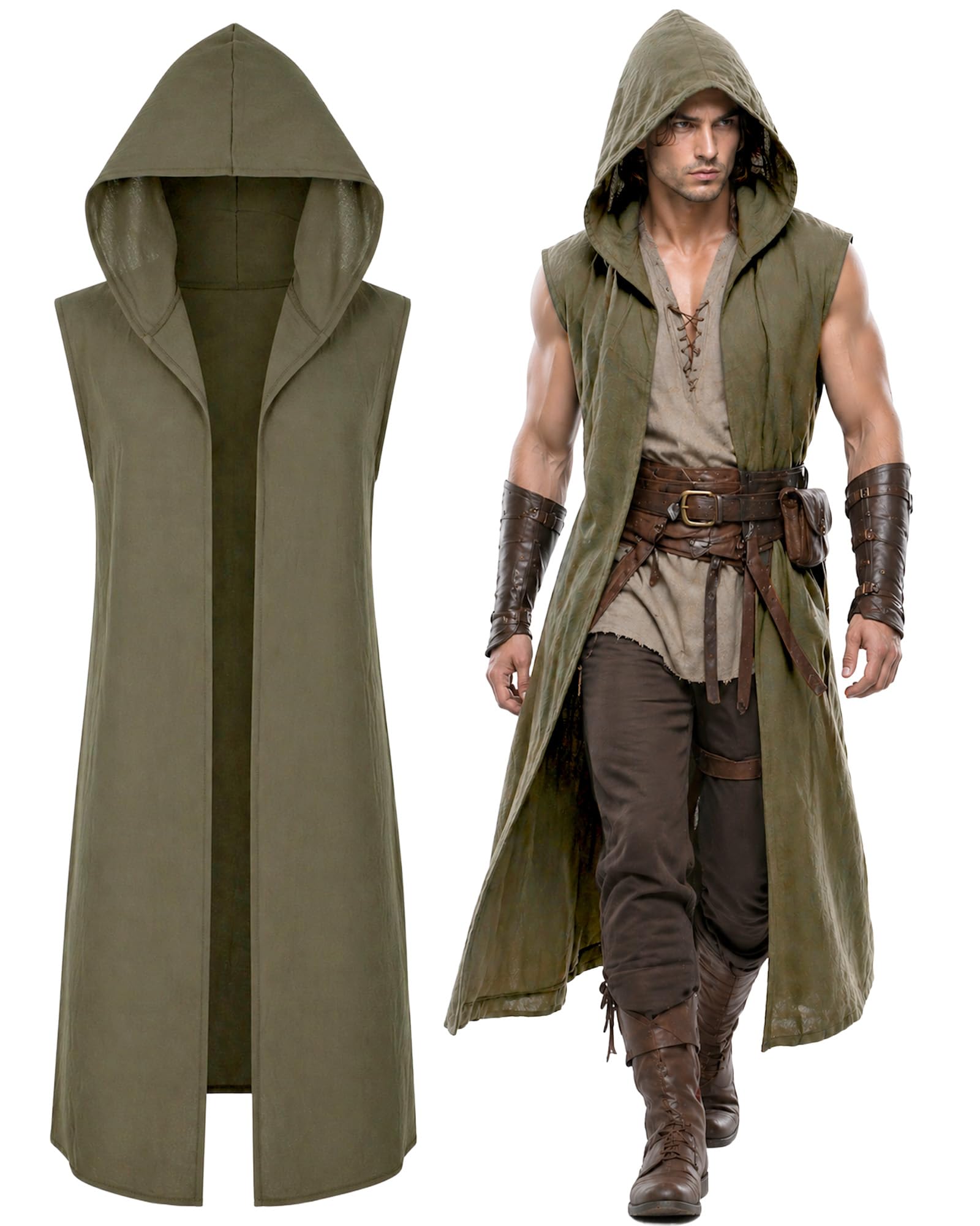 CoTeeZa Medieval Sleeveless Surcoat Renaissance for Men Halloween LARP Fantasy Knight Costume Outfit Viking Accessories, Green M, Medium