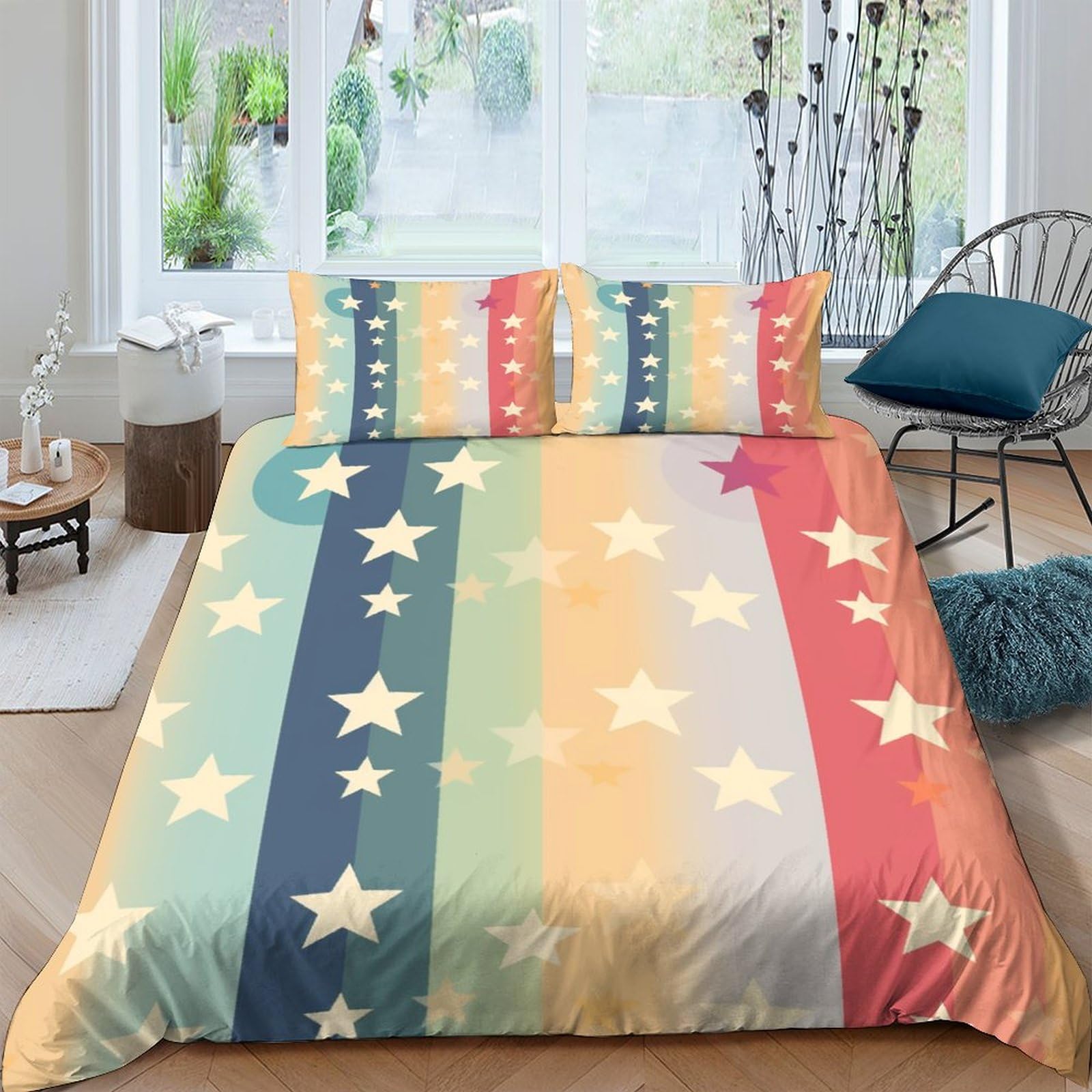 Housse de couette étoiles arc-en-ciel 200x200cm avec taies d'oreiller pour lit double