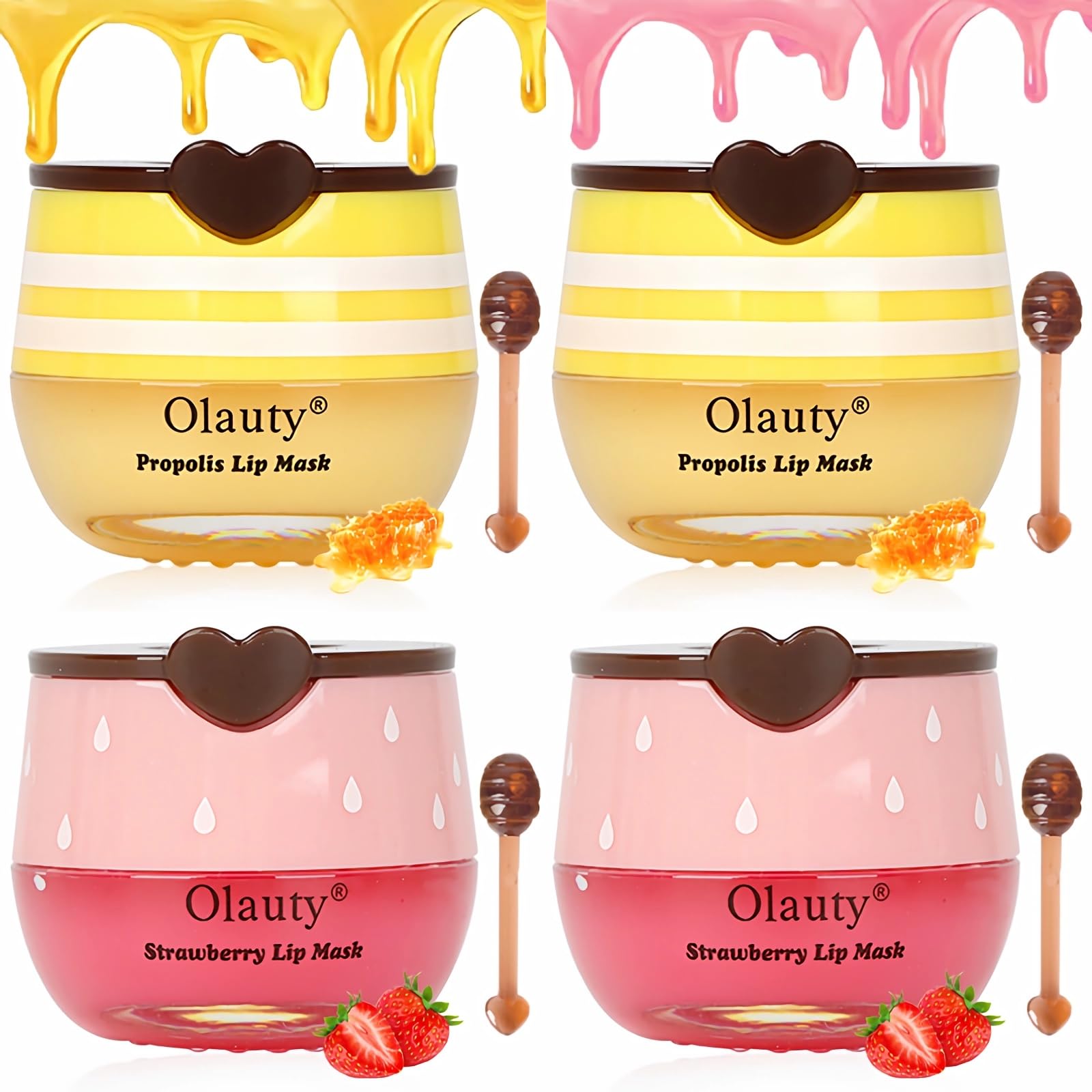 4 PCS Bee Lip Balm Lip Mask Honey Pot, Honey & Strawberry Lip Mask Propolis Moisturizing Lip Balm with Stick - Hydrating Prevention Dry & Cracked Lip Scrubs Exfoliato Lip Wrinkle Skin Care