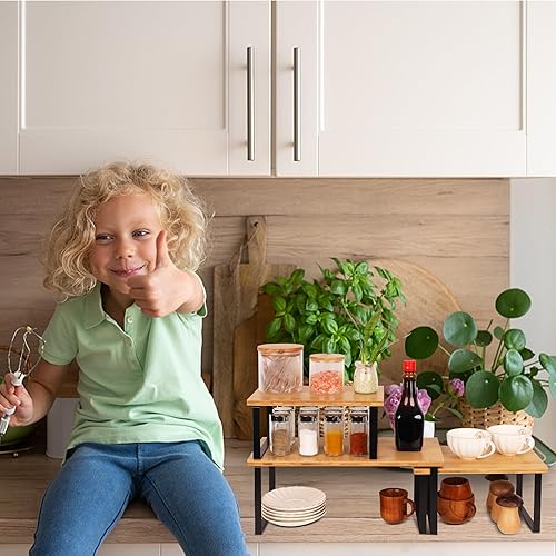 Miniatura 2 de Organizador de estantes de cocina, estantes elevadores, apilables, ampliables para exhibición de especias, platos, tazas (paquete de 3, S, M y L,