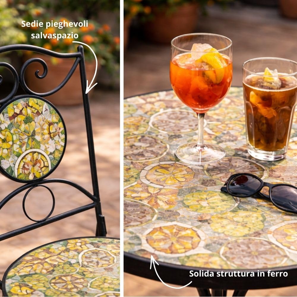 Set Tavolo e 2 Sedie Pieghevoli da Giardino in Metallo con Mosaico, Set 3 Pezzi Tondo per Balcone Terrazzo Bistro (Giallo)