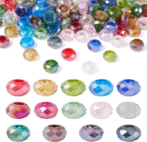 100 cuentas europeas facetadas de vidrio, color mixto, transparente, Rondelle, gran agujero, cuentas sueltas sin núcleo de metal, 0.551 x 0.315 in