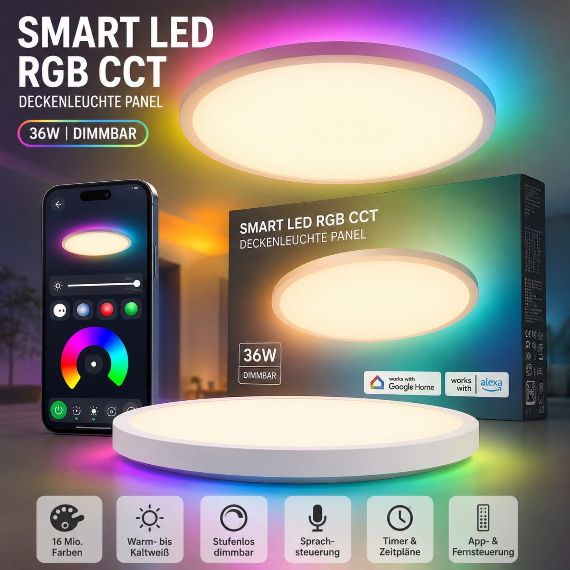 Smart LED RGB CCT lampa sufitowa panel 36 W, możliwość ściemniania, kompatybilna z Alexa, Google Home, sterowanie głosem