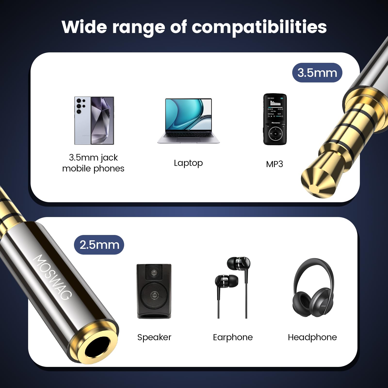 MOSWAG 3.5mm Male to 2.5mm Female Audio Headphone Adapter, 1/8'' Male to 2.5mm Female Stereo Audio Connector Gold Plated Compatible with iPhone, iPod, MP3 Player, CD Player, Earphone 2Pack