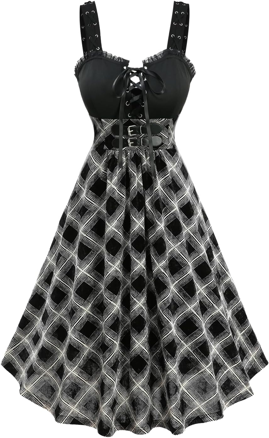 DRESSFO Women's Plaid Lace Up A-Line Tank Dress Knee Length Sleeveless Casual Party Dress
