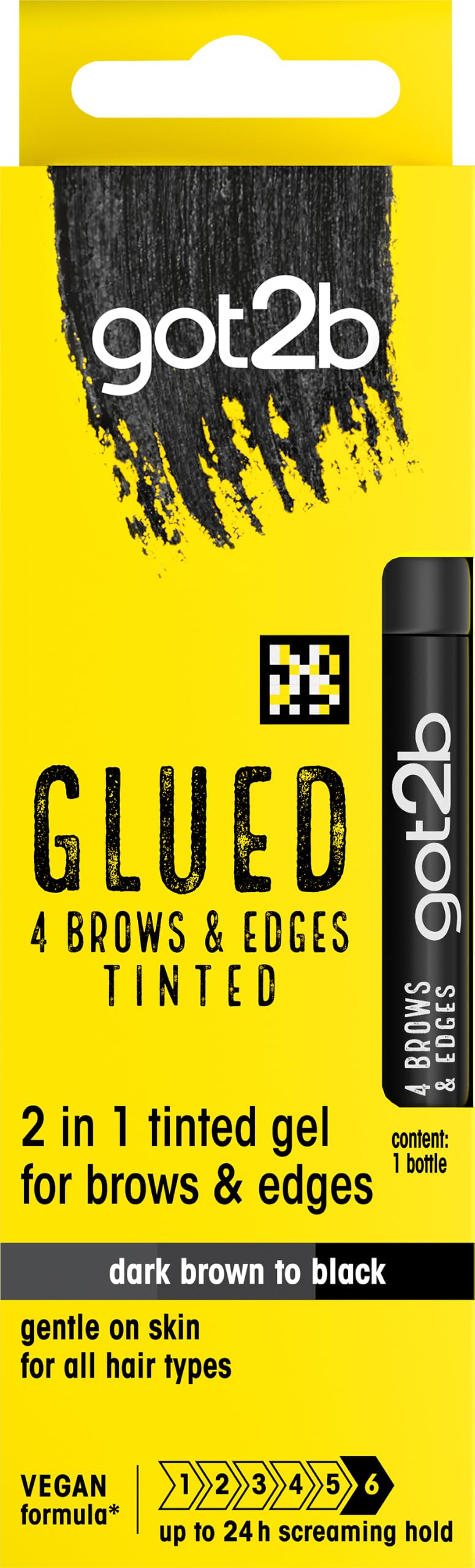 got2b Glued 4 Brows & Edges Tinted Gel 2 in 1 16ml, Buildable Colour Dark Brown to Black, Screaming Hold Brow Gel, Eyebrow Gel for Long-Lasting Looks, Vegan Formula*, Naturally-Derived Ingredients**