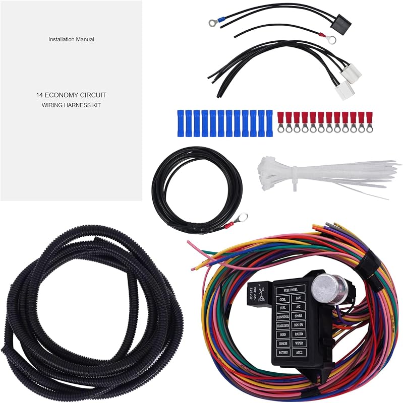 14 Circuit Universal Wiring Harness, 14 Fuse, 12V, Extra Long Wires | with Instruction, Compatible with Chevy Mopar Hotrod Universal Muscle Car Hot Rod Street Rod