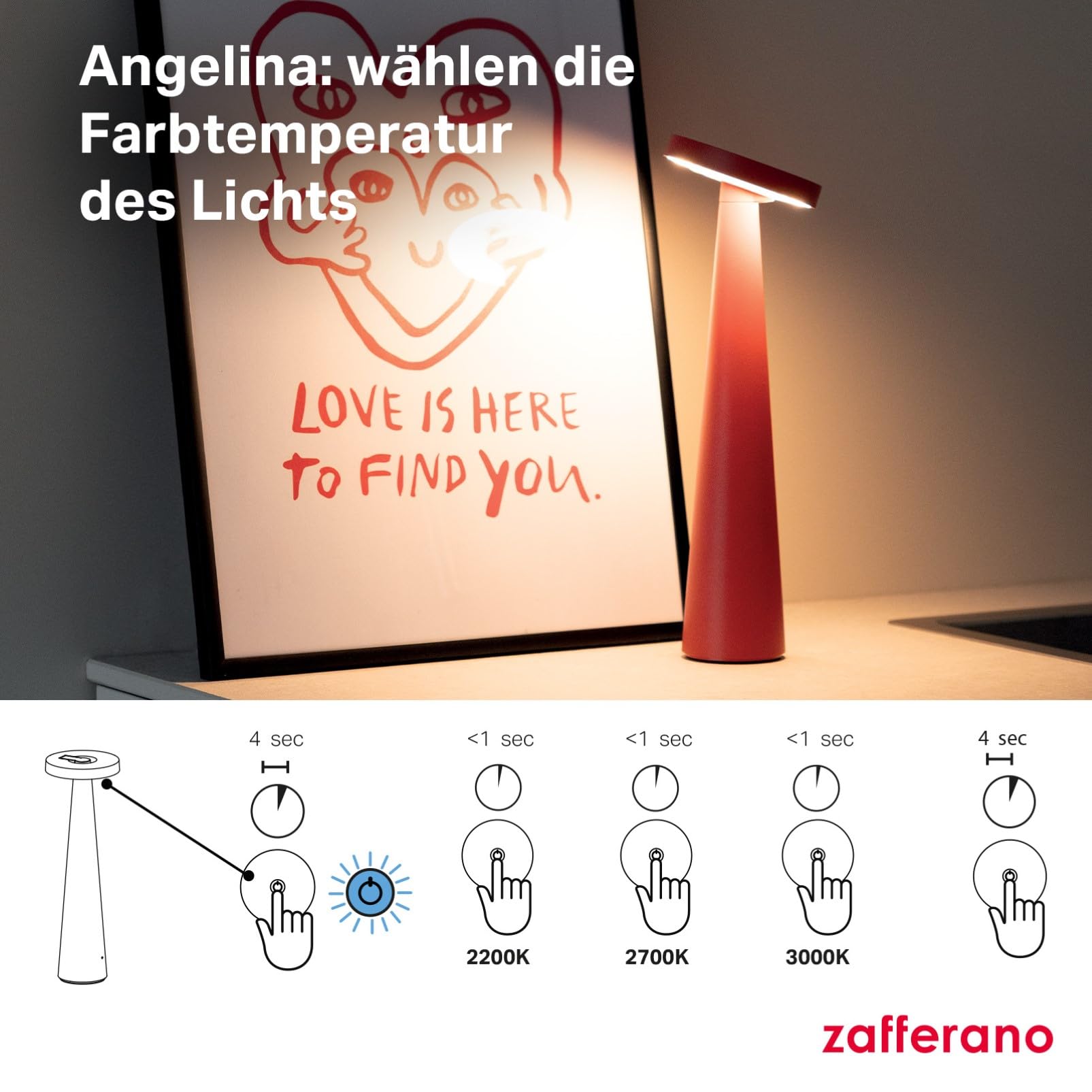 Zafferano, Angelina Lampe, Wiederaufladbare und Kabellose Tischlampe mit Touch Control Und Schwenkbarem Kopf, Geeignet Für Den Innenbereich, Dimmer, 2200-3000 K, Höhe 26 cm, Farbe Rot