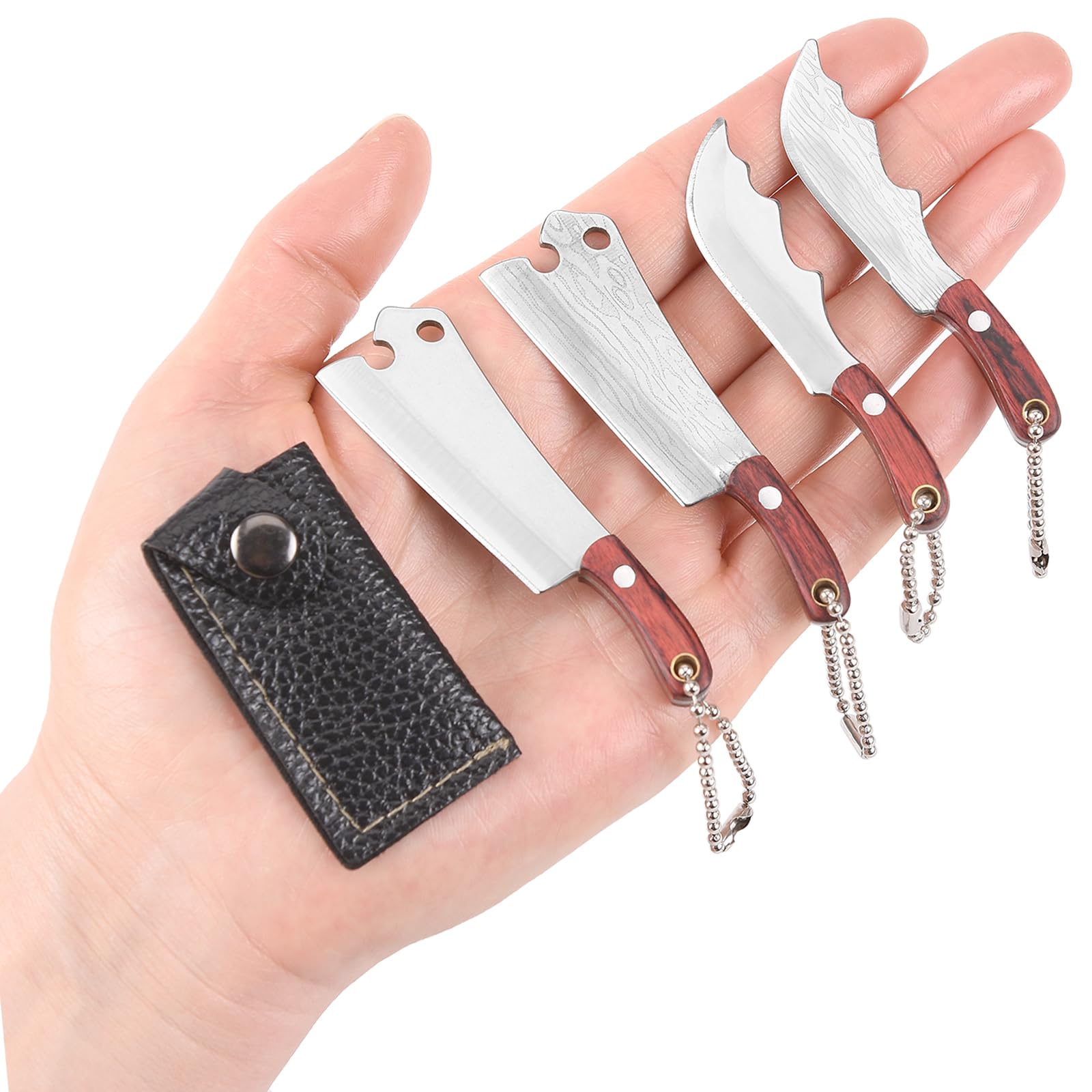 Chef Gifts Mini Knife Set Mini Damascus Shape Chef Knife Pocket Knife Set Tiny Knife Mini Cleaver for Package Opener,Box Cutter,Set of 4(Damascus+Glossy)