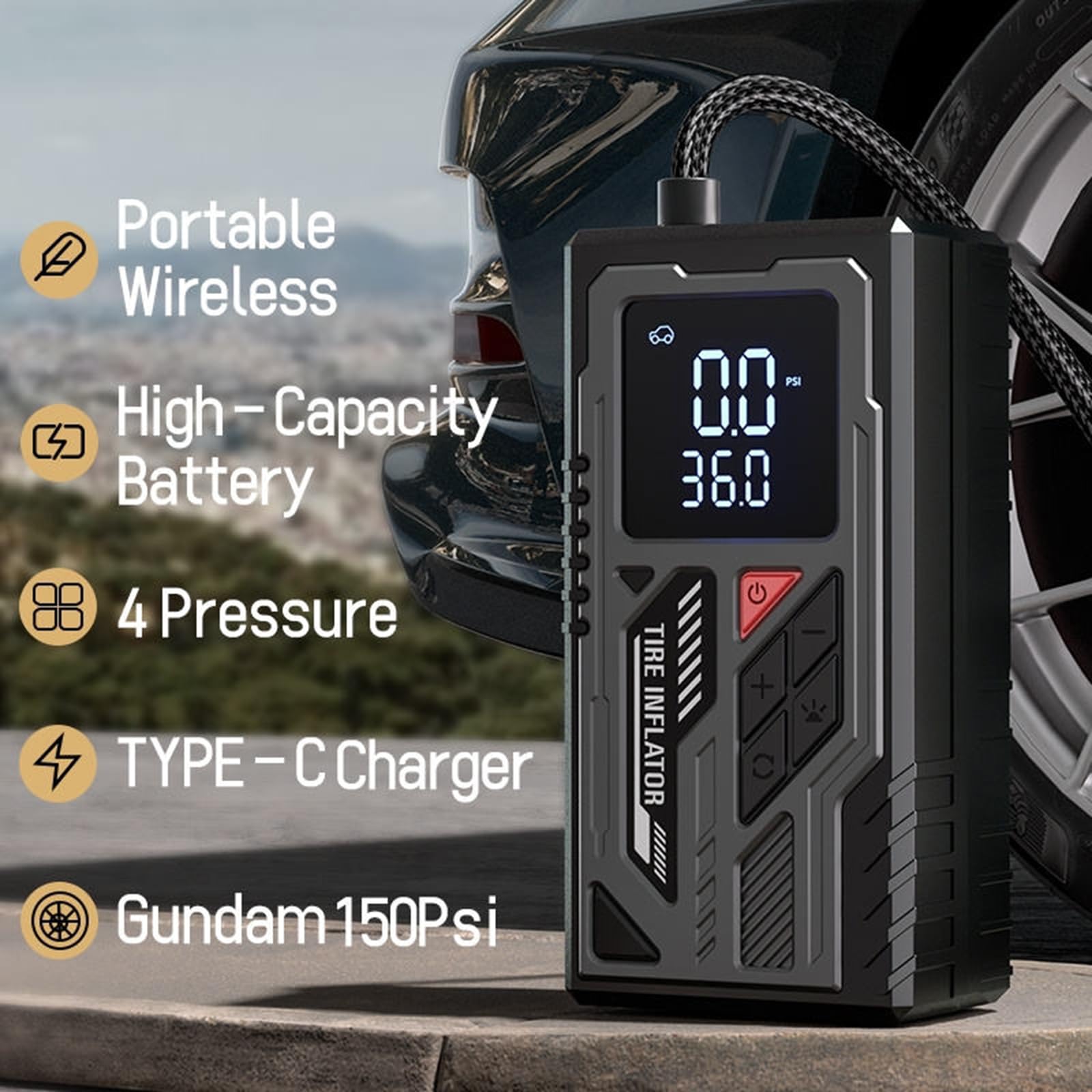 Compressore d'aria portatile per gonfiaggio rapido, pompa d'aria senza fili per pneumatici auto, 150 psi, pompa elettrica per pneumatici con manometro, luce a LED per auto, moto, bici, palla