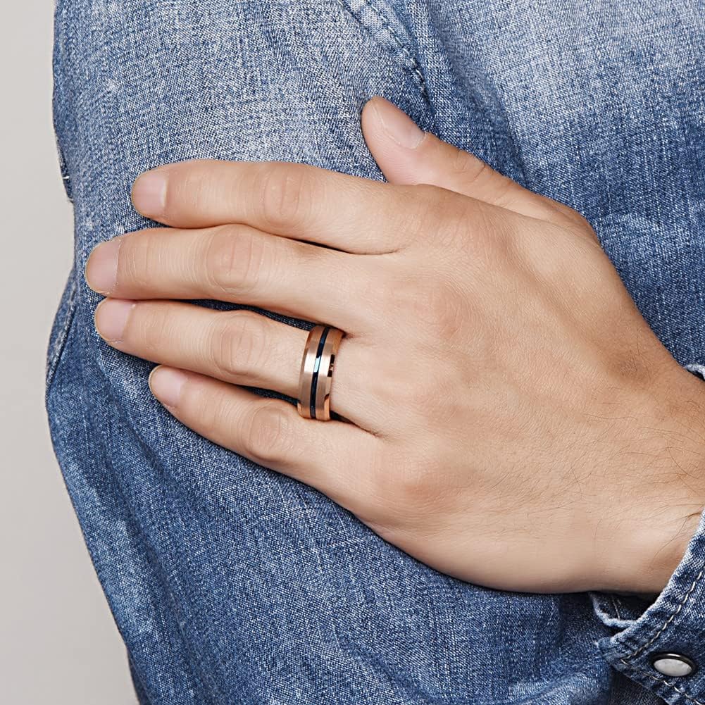 NUNCAD 8mm Men's Tungsten Rings Black Red/Blue/Rose Gold Grooved Center Matte Finish Wedding Band Polished Beveled Edges Size 4 to 16 - Image 4