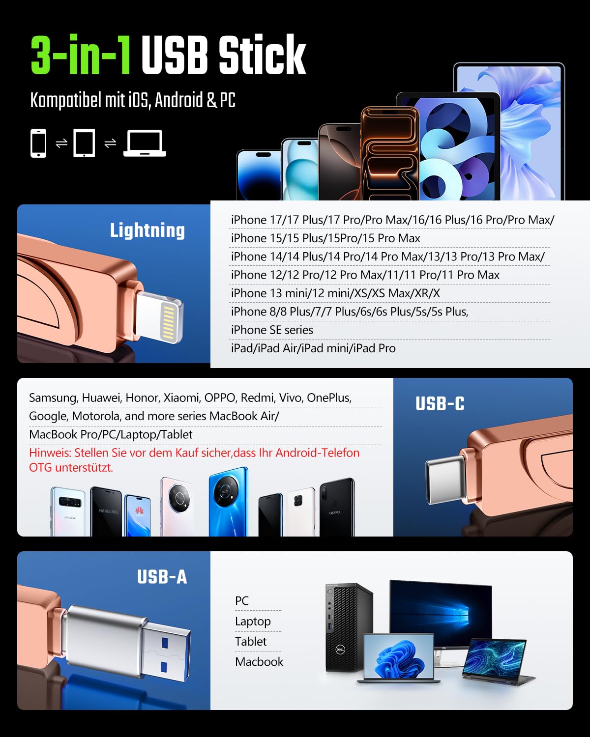 [Ohne App] USB Stick 512GB für iPhone, MFi USB C Stick,Lightning,USB-A | 3-in-1 Speicherstick für iPhone,iPad,Android OTG Handy,Mac,PC,USB 3.0 Flash Drive Externer Speicher für Fotos,Videos,Dateien