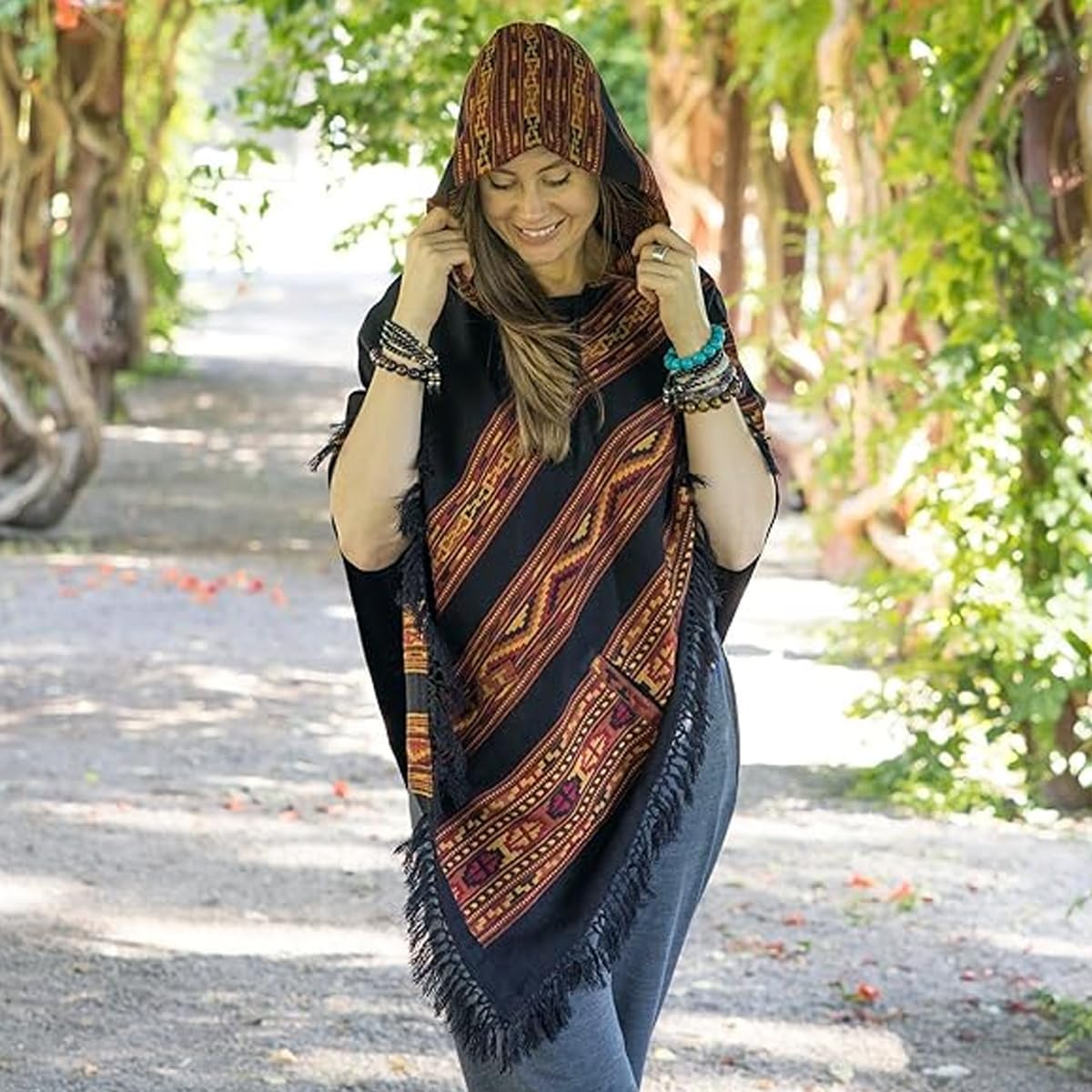 Om Shanti Crafts Hooded Poncho with Pockets and Fringes, Vegan Wool Wrap, Handmade in India. Unisex