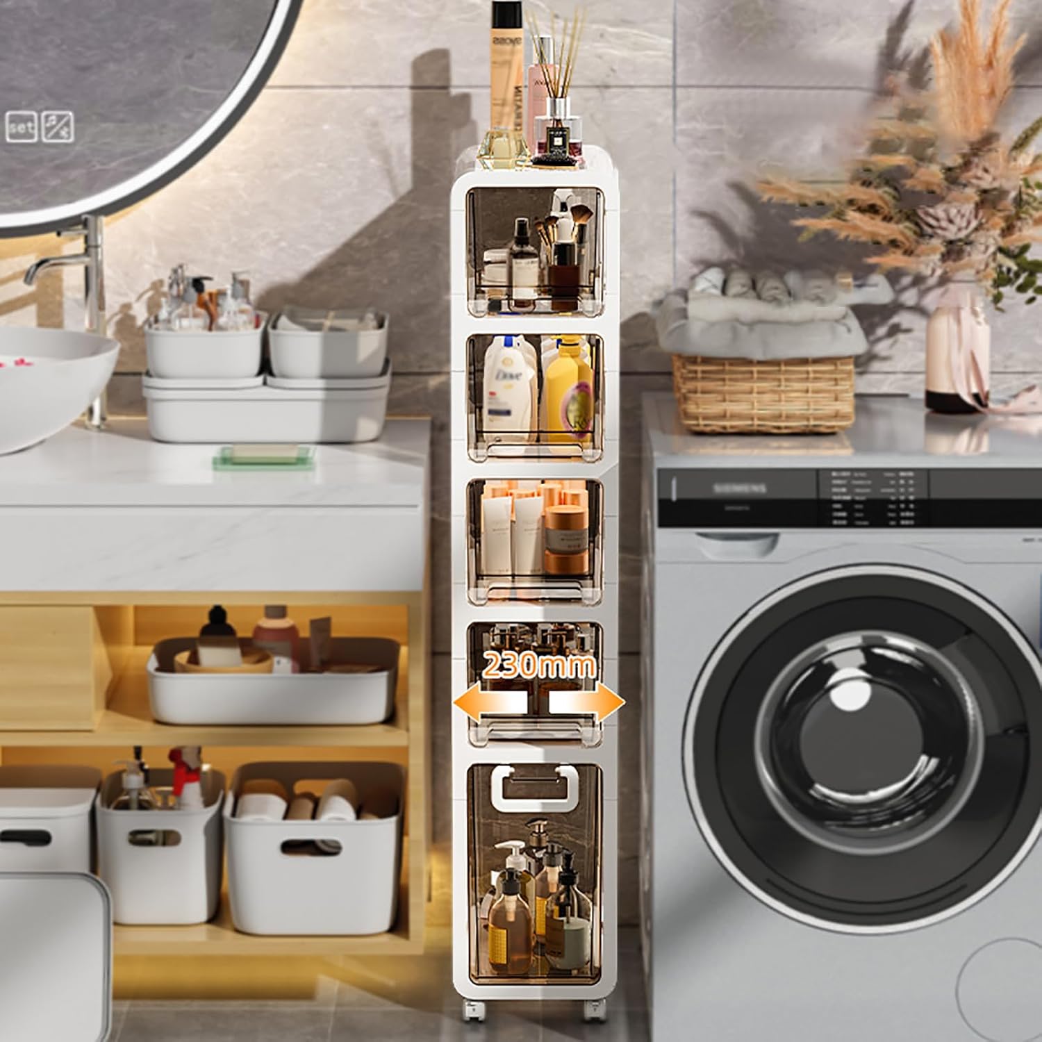 Slim Bathroom Floor Cabinet,Narrow Slit Storage Case,Waterproof Side Bathroom Organizer,Movable Toilet Paper Holder,Tall Laundry Cabinet for Kitchen Bedroom (5 Tiers, 16.7 * 6.7)