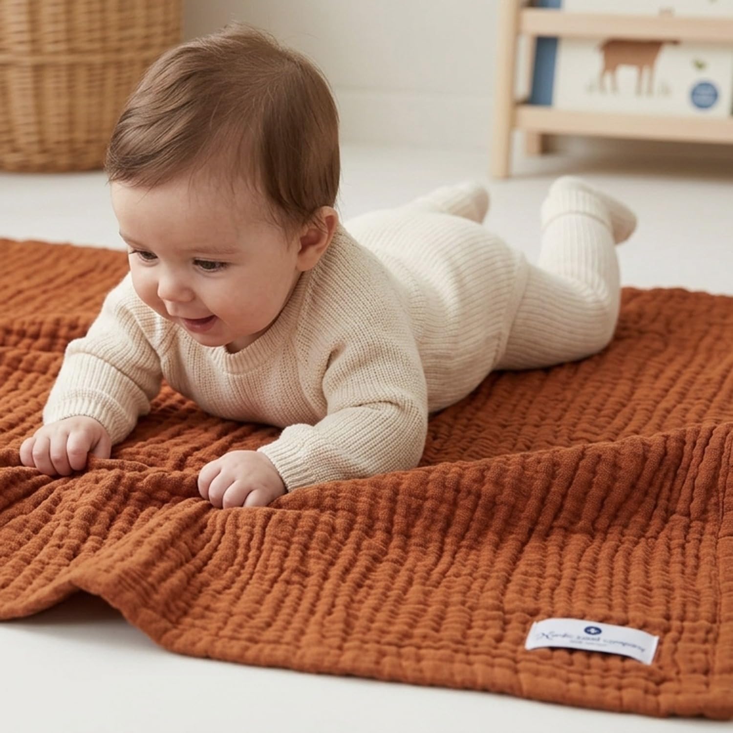 nordic coast company Musselin Decke Baby [75 x 85 cm] – Musselindecke | Krabbeldecke Neugeborene – 100% Baumwolle, 4-lagig, Spucktuch, Stilltuch – Baby Erstausstattung Neugeborene (Zimt Braun)