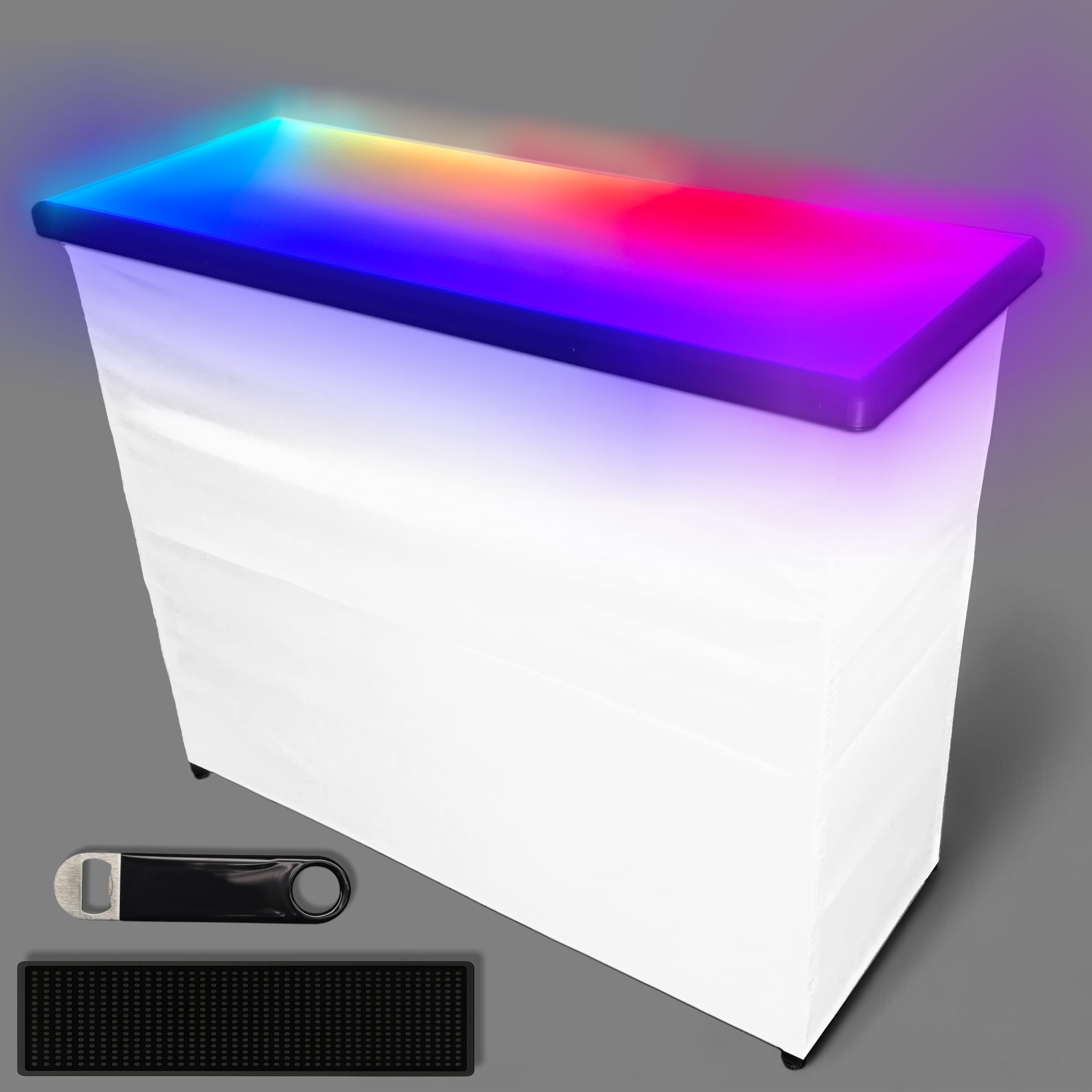 PartyLife 48" Premium Glowing LED Surface Portable Bar Table with White Skirt, Mobile App, Folding Legs, Black Fabric Bar Skirt, 2 Storage Shelves &amp; 2 Carrying Bags