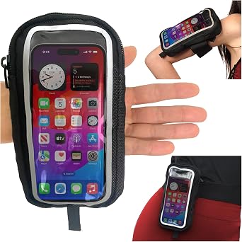 New Black 3-in-1 Essentials Carrier Handheld Running Phone Holder, Hiking Belt Holster Pouch & Fitness Armband Case, w/Touchscreen-Ready Window, Fits iPhones & Androids Water-Resistant, Adjustable