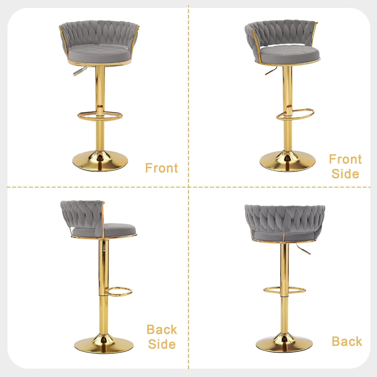 VECELO Bar Stools Set of 4, Adjustable Barstools Counter Height Stools with Back and Arm, Velvet Woven Kitchen Island Stools w/Gold Metal Leg & Base, 360° Swivel Bar Chair, Light Grey