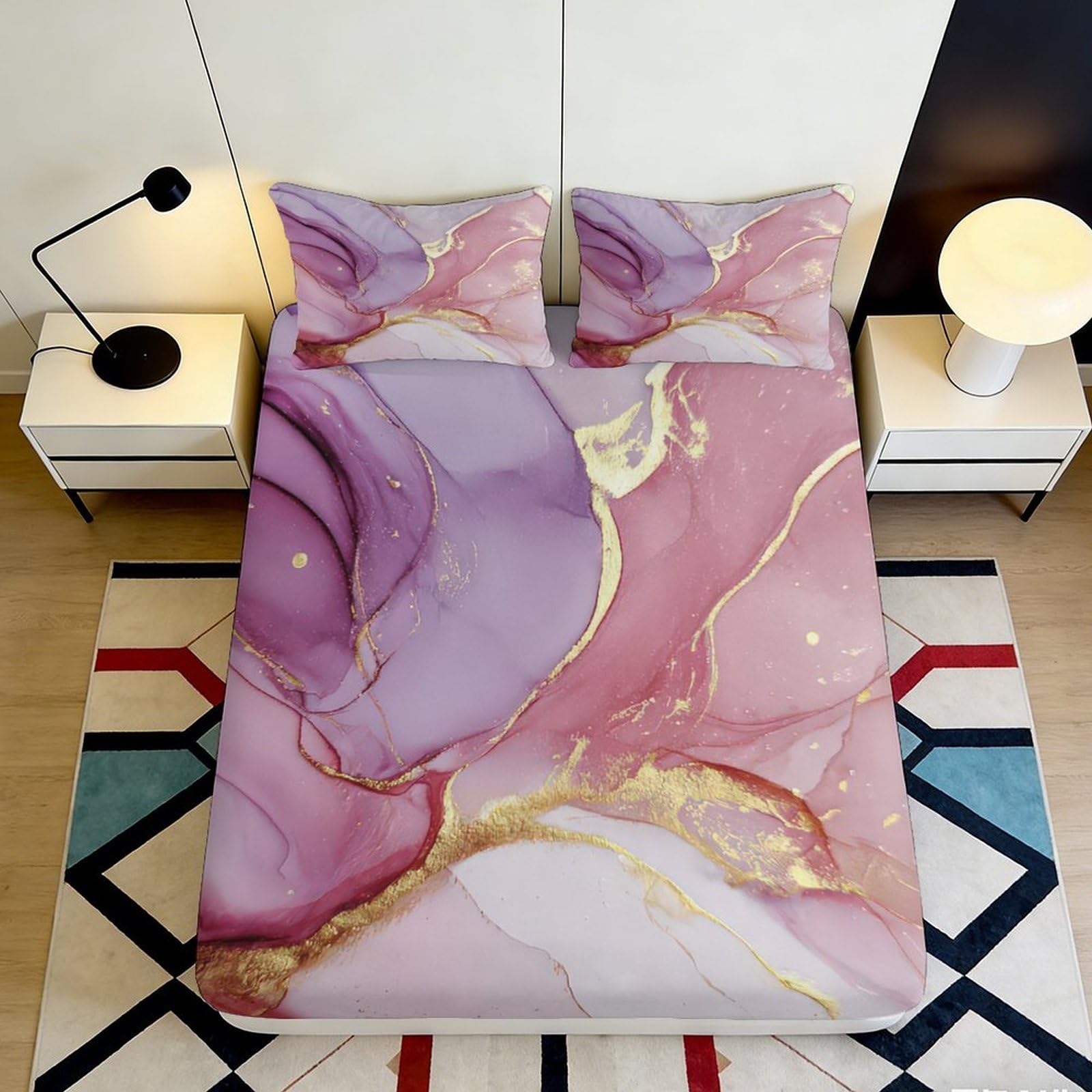 3D Printed Marble Pink Gold Fitted Sheet Microfiber Soft Bedroom Decor Abstract Swirl Mattress Cover Adults Teens 160x200x25cm