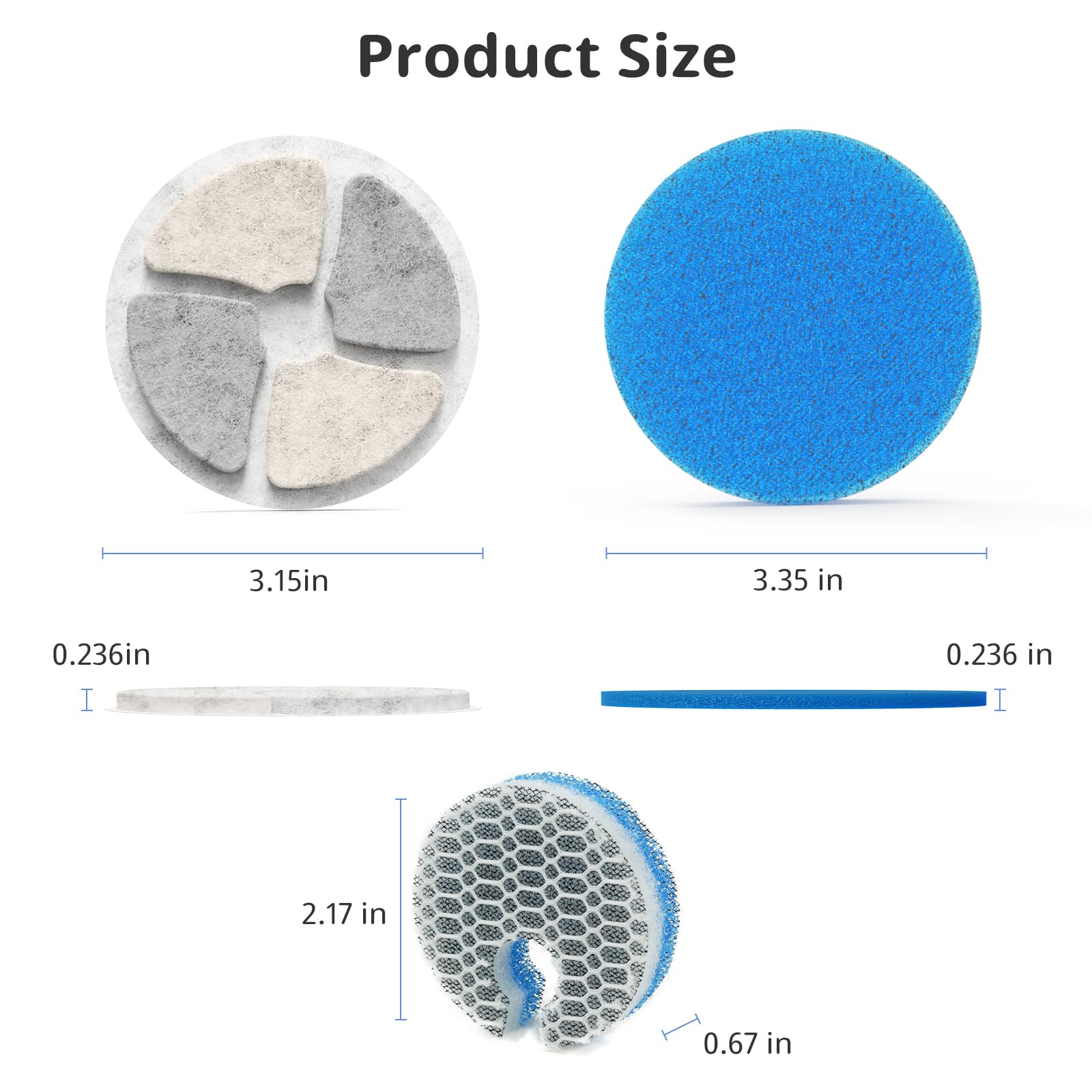 Filtros de fuente de agua de acero inoxidable para gatos, paquete de 5 filtros de repuesto para fuente automática redonda de 2L/67 onzas, filtro con sistema de triple filtración (5+5+5)