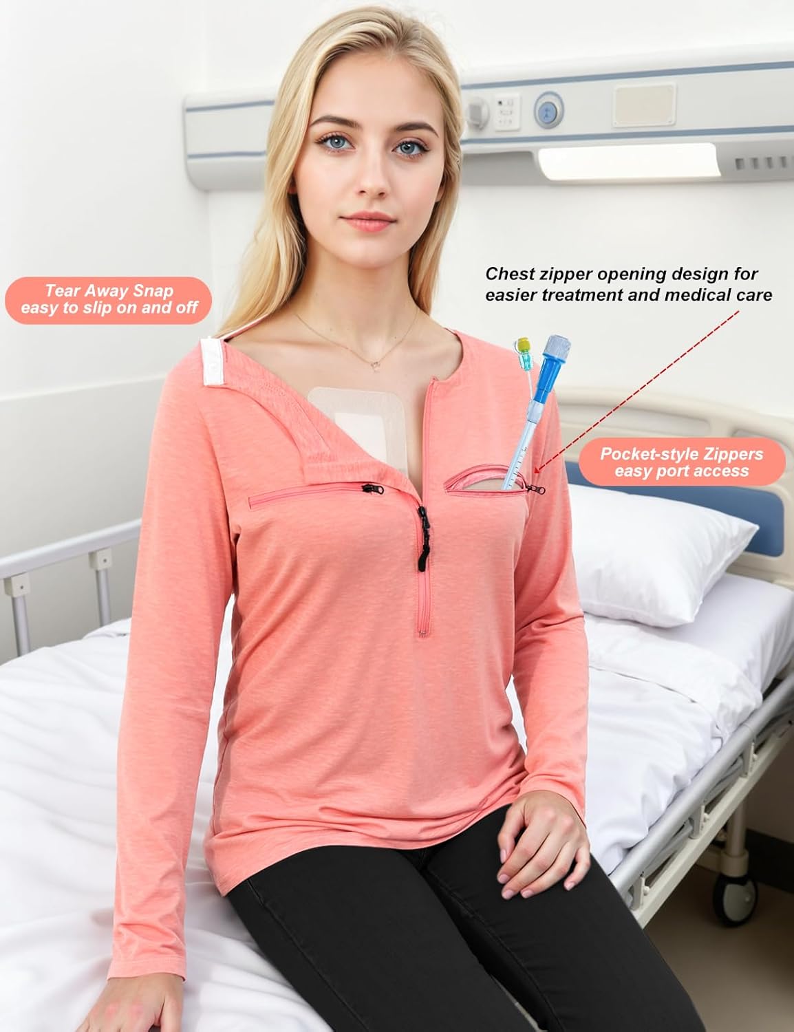 Chemo Port Shirts for Women 2 Side Snaps Long Sleeve Wear Post Surgery Recovery Tee Snap Tear Away Side Zippers Off Shirt - Image 4