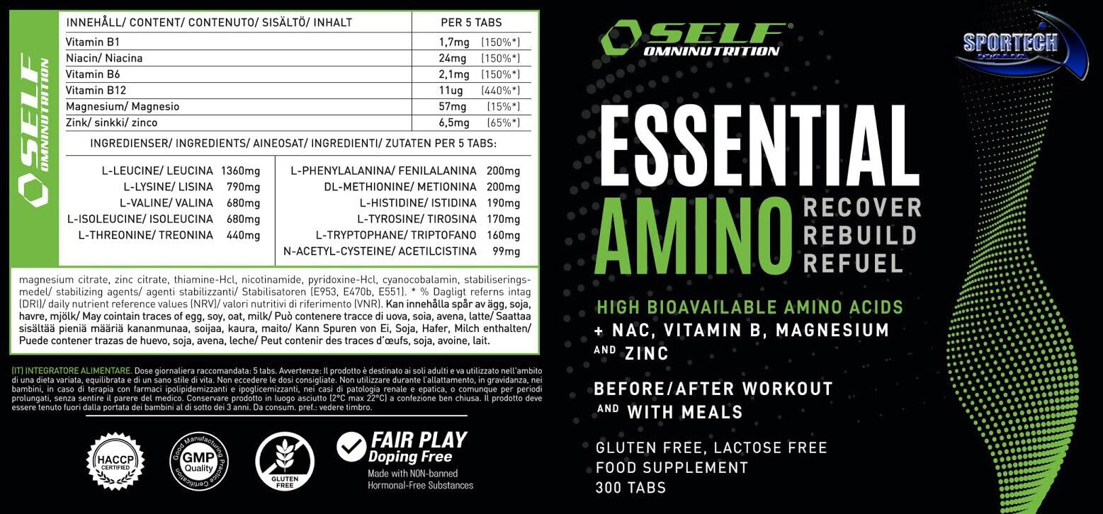 Self ESSENTIAL AMINO aminoacidi essenziali 300 tabs EAA con gruppo vitamina B, senza glutine e lattosio