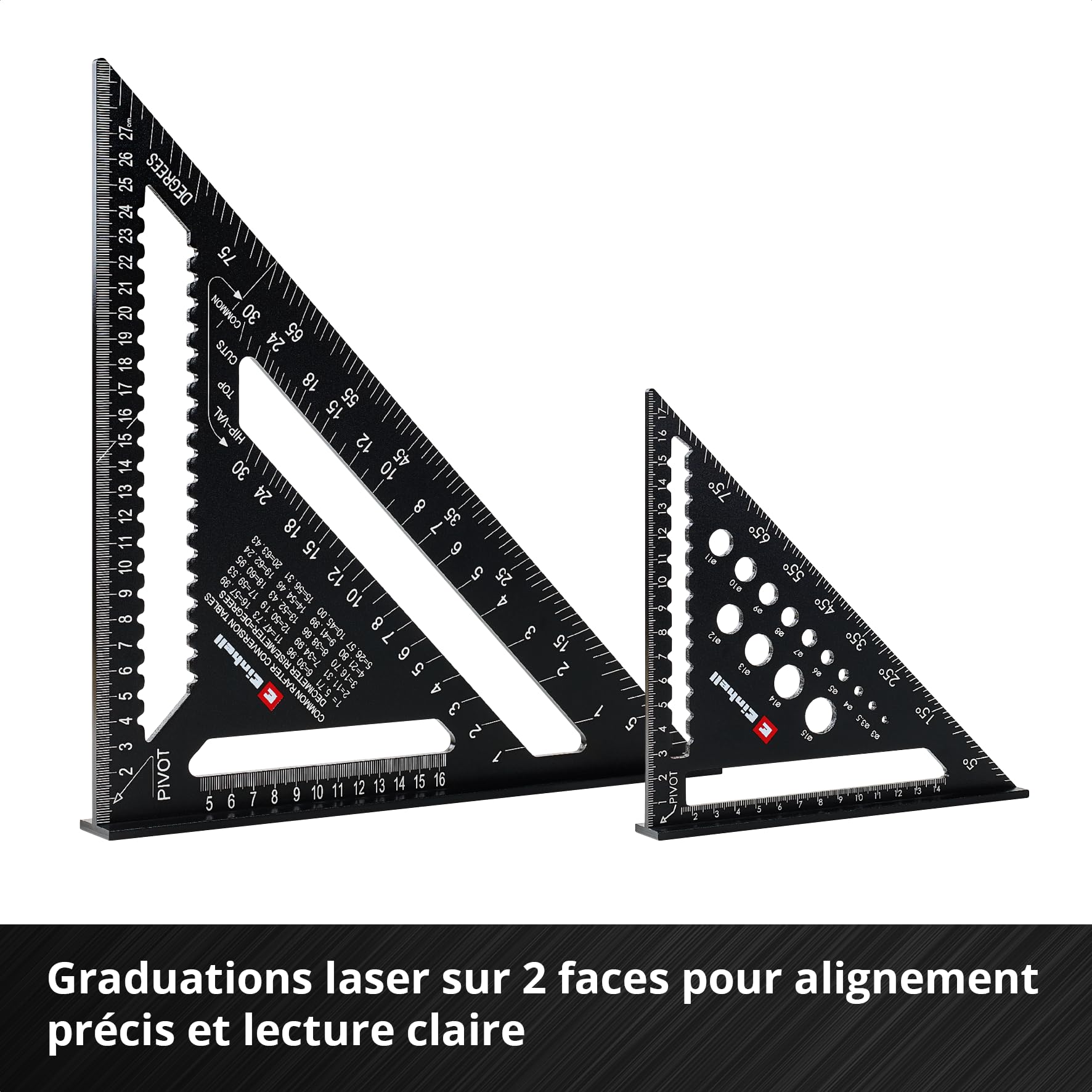Einhell 2 pièces jeu d’équerres de charpentier, 185/300 mm | Graduations en mm et en degrés | ouvertures de traçage | gabarit de perçage | tableau de conversion pour chevrons | marqueur