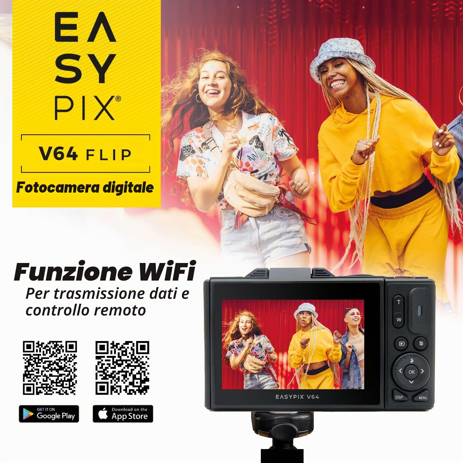 Easypix V64 Flip, fotocamera digitale con flip-screen, display pieghevole da 3,0", risoluzione fino a 64 MP, zoom digitale 18x, WiFi, perfetto per vlogger e selfie