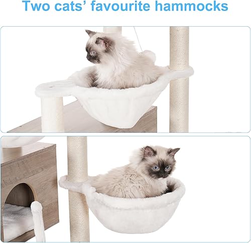 Miniatura 5 de Hey-brother Árbol para gatos con caja de arena, moderna torre para gatos de interior con plataforma grande, estación de comida de condominio y 2