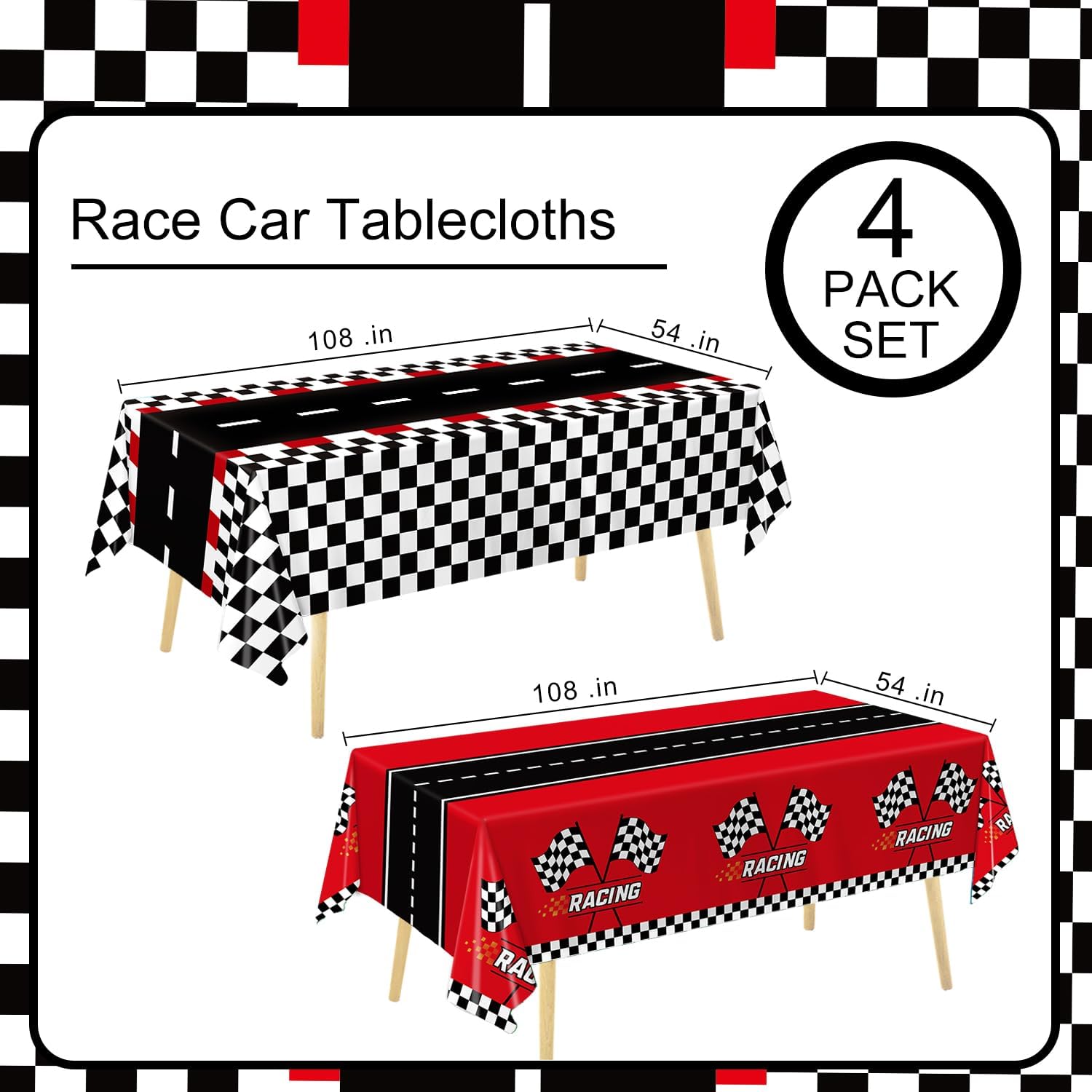 Oigco 4 Pack Racing Car Plastic Tablecloths - Cars Birthday Decorations - Checkered Tablecloth for Race Car One Two Fast Birthday Decorations, 54 x 108 Inch