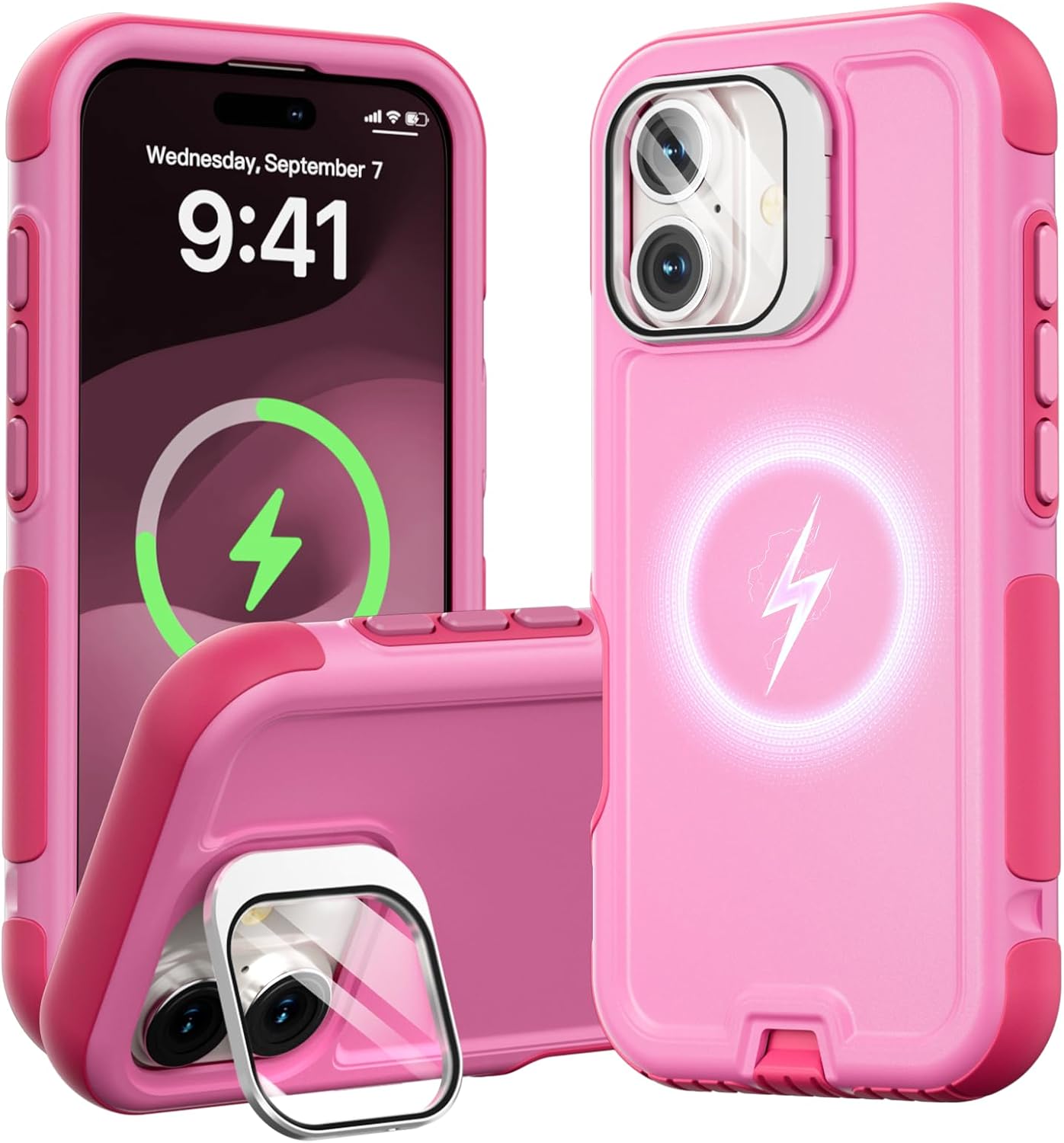 Follaroma for iPhone 17 Case with Stand, Built-in Camera Cover, Compatible with MagSafe, Heavy Duty Shockproof Protection Phone Case, Anti-Drop, Magnetic Dual Layer Protective Cover, 6.3", Pink