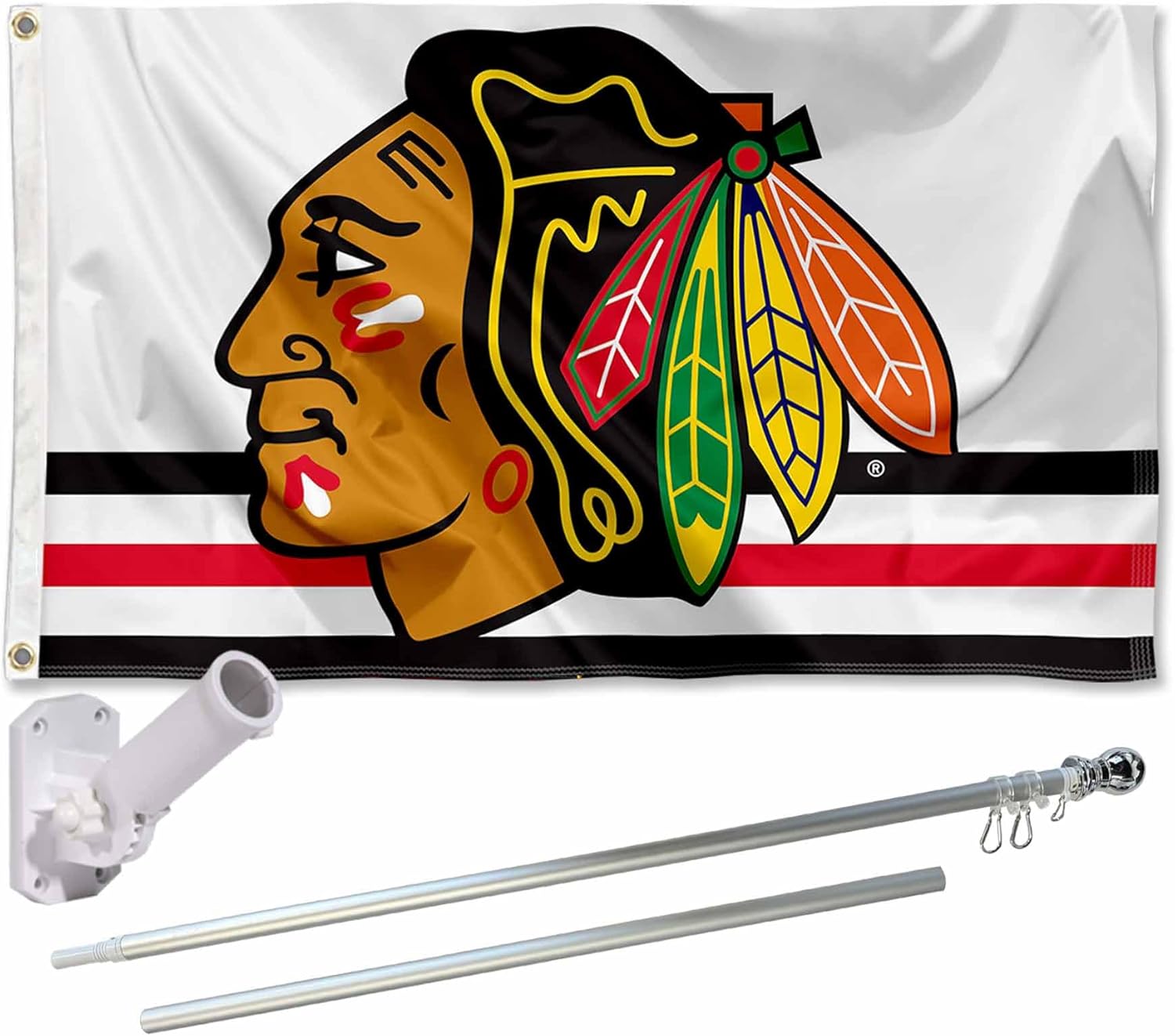 Chicago Blackhawks White Flag Pole and Bracket Set
