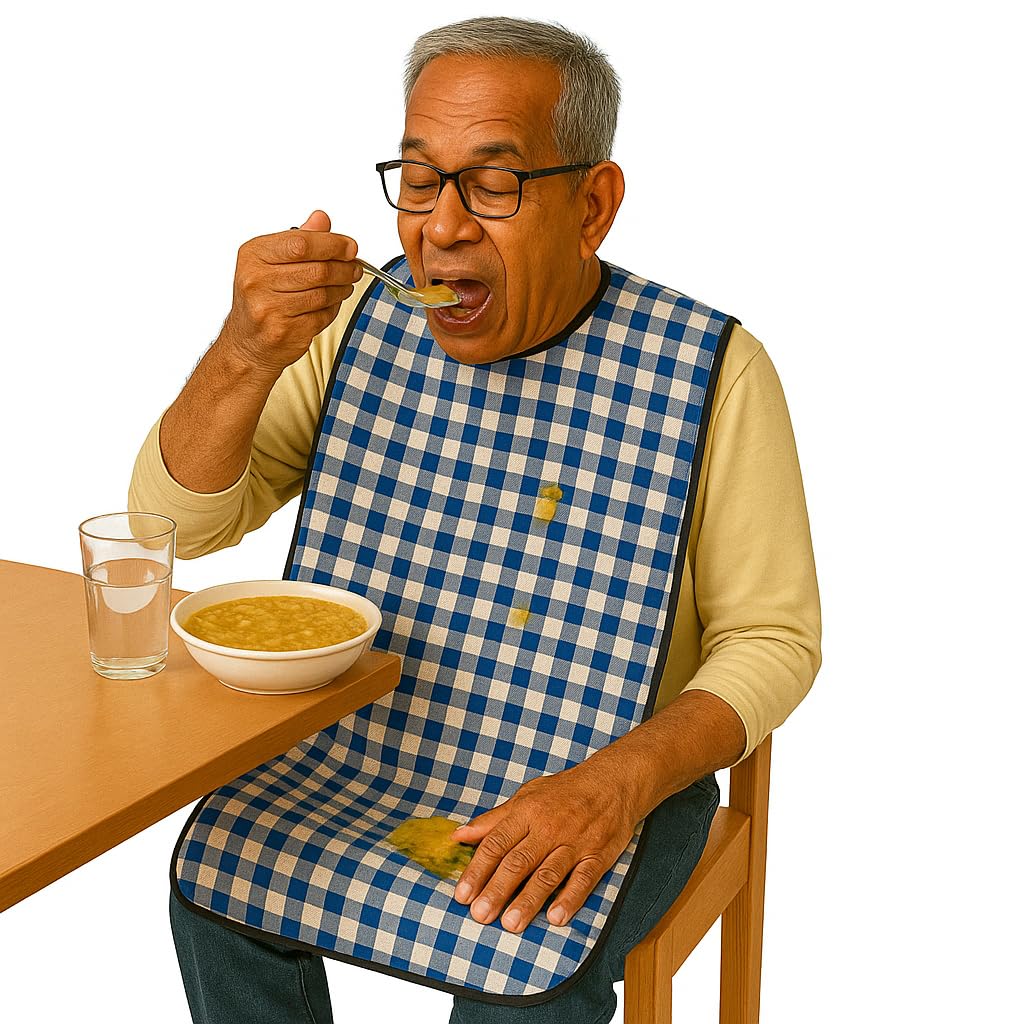MAKSTILE Adult Bib| Extra-Long Adult Dining Bib for Elderly–2-Layer Absorbent Cotton & Waterproof Backing, Washable Reusable Clothing Protector for Senior Citizens, Disabled & Bedridden - Blue - Image 2 thumbnail
