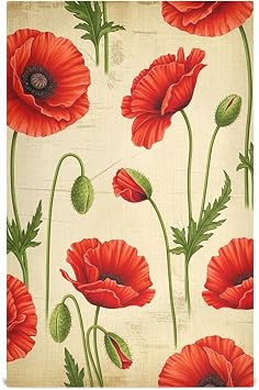 ODAWA Red Poppies Green Vintage Dish Towels Quick Dry Cleaning Dishtowel Hand Towels Housewarming Gifts, 4 Pack