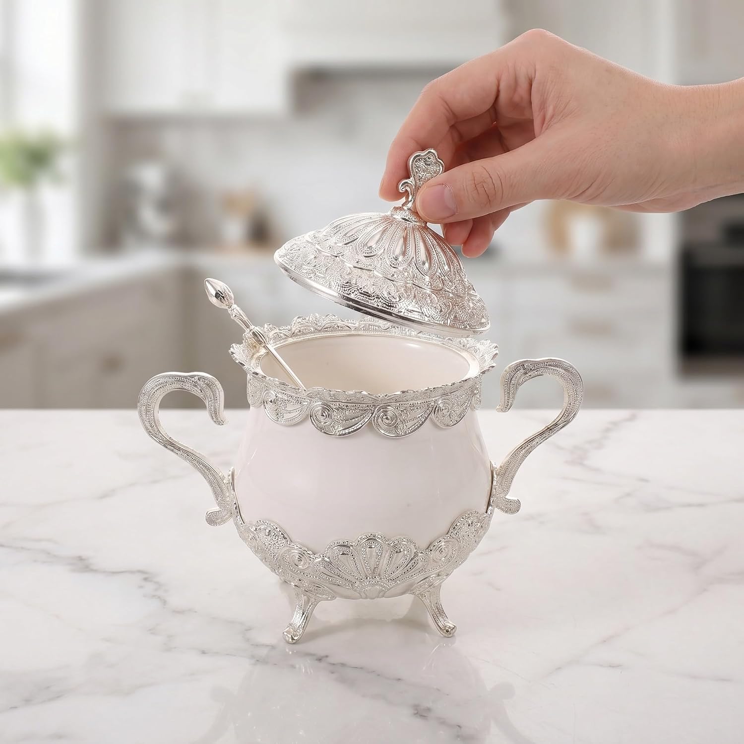Operitacx Sugar Container with Lid Spoon: Ceramic Tea Sugar Bowl, Decorative Kitchen Seasoning Canister for Countertop Coffee Bar Cafe Gifting (Silver)