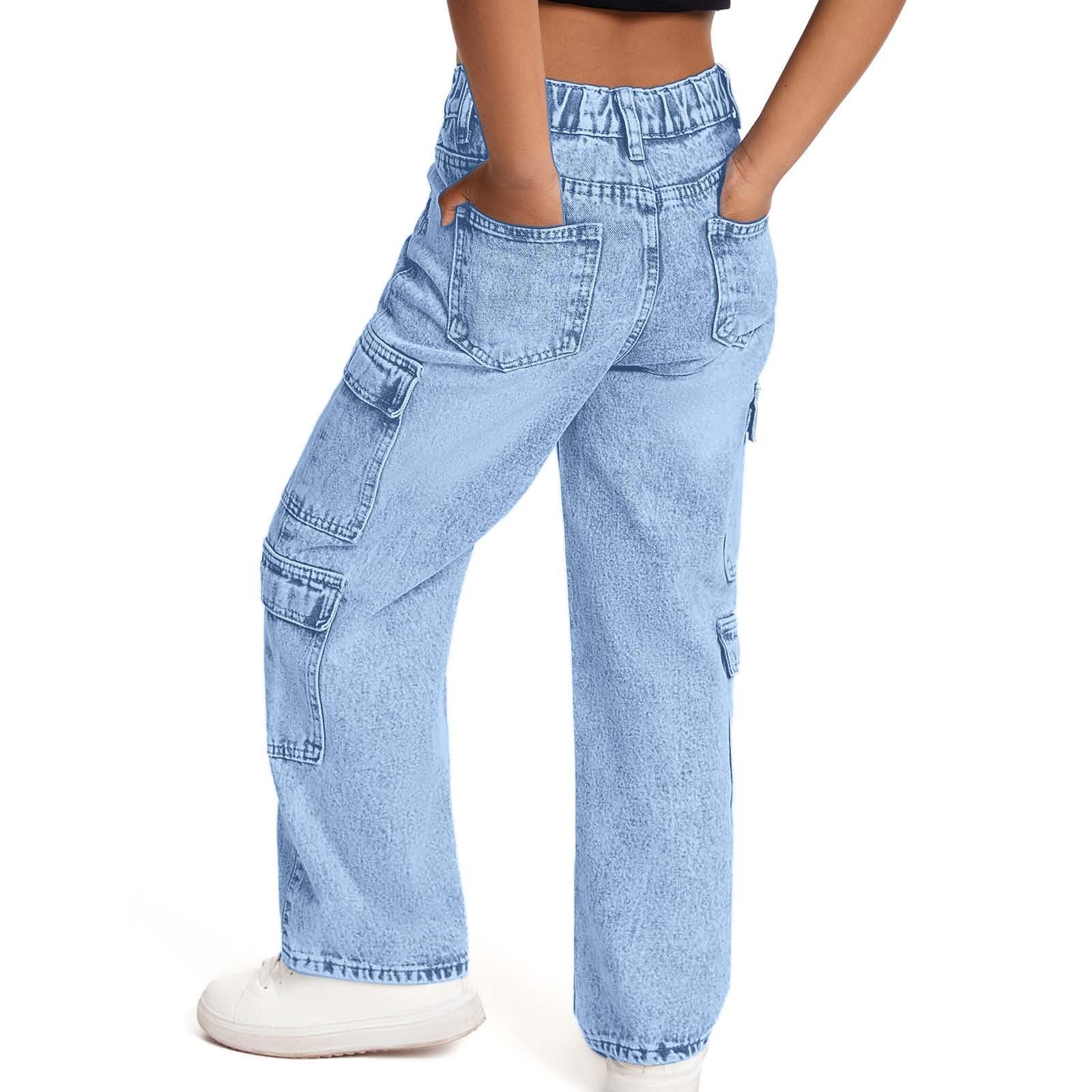 Jeans Larghi per Ragazze - Jeans Cargo per Ragazze Pantaloni in Denim Lavato Effetto Consumato con Tasche Multiple Pantaloni Estivi Comodi e Larghi per Bambine dai 6 ai 13 Anni