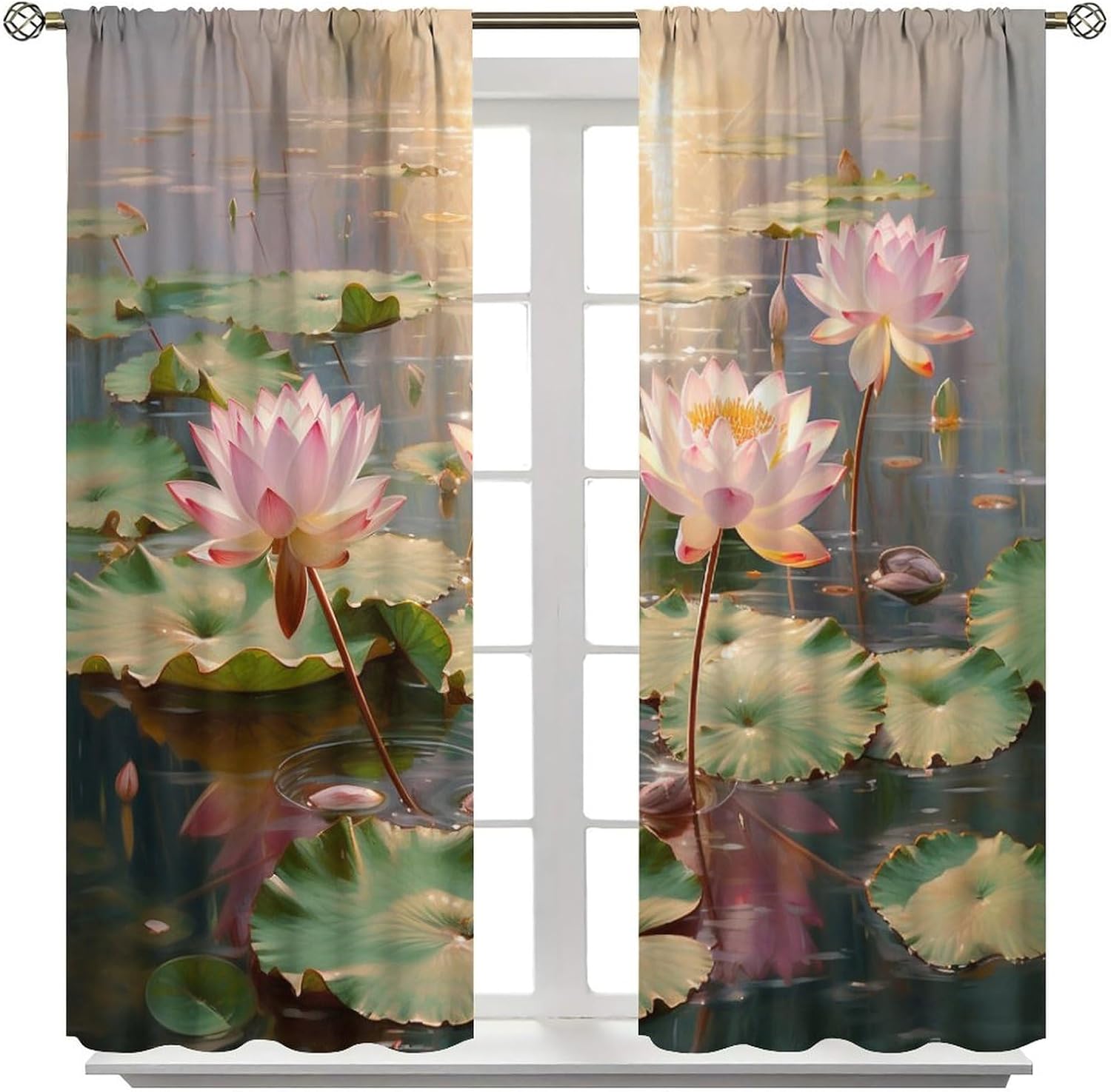 Lake Pink Lotus Decorative Curtain, Clear Lake Reflection Lotus Natural Aesthetic Landscape Art Curtain, Girl Room Living Room Kitchen Blackout Curtain 2 Pieces 42x45in, Style-4