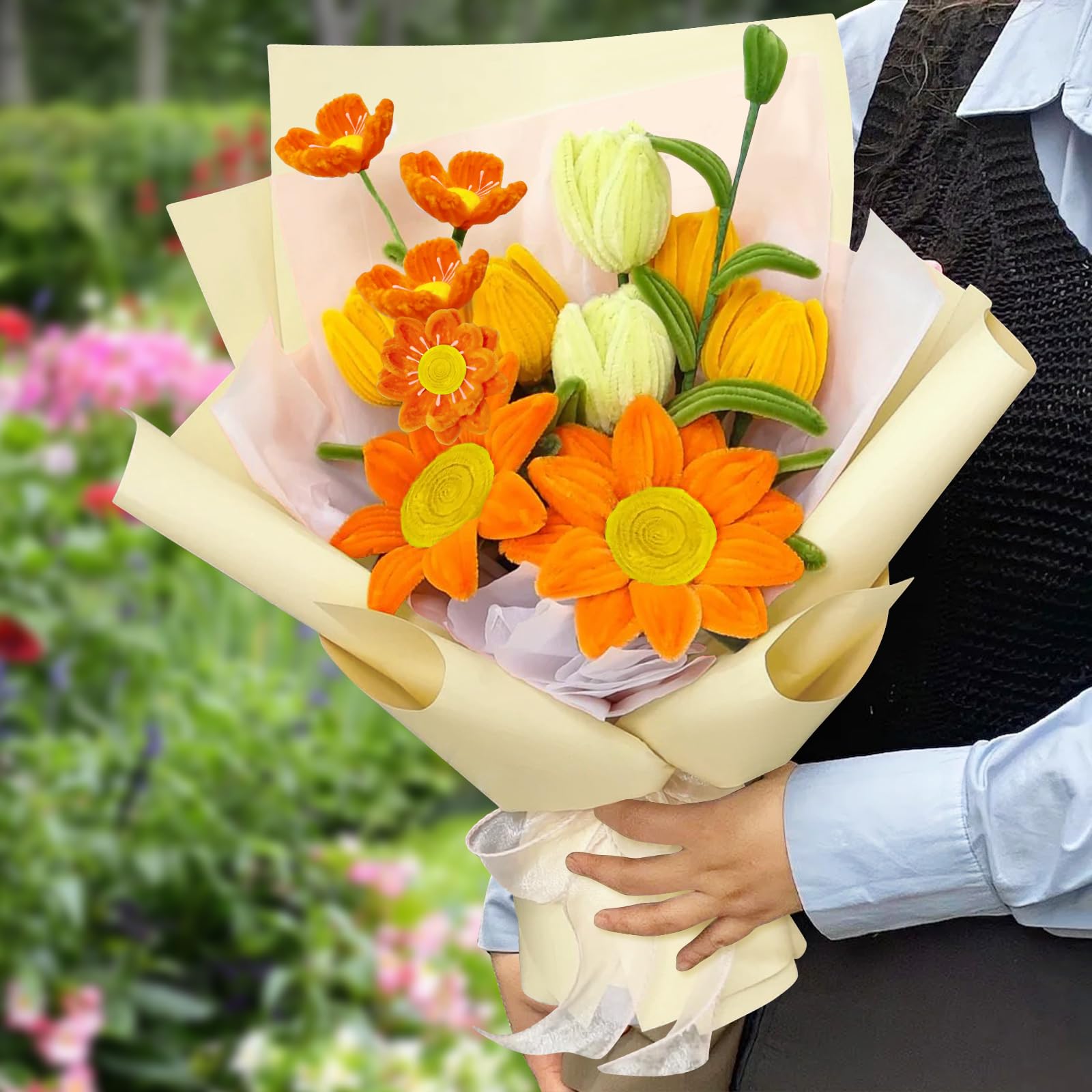 Gimars 300 PCS Fils Chenille Multicolores – Kit Complet Bouquet Tulipes Avec Tiges, Ruban, Papier Cadeau Pour Loisirs Créatifs
