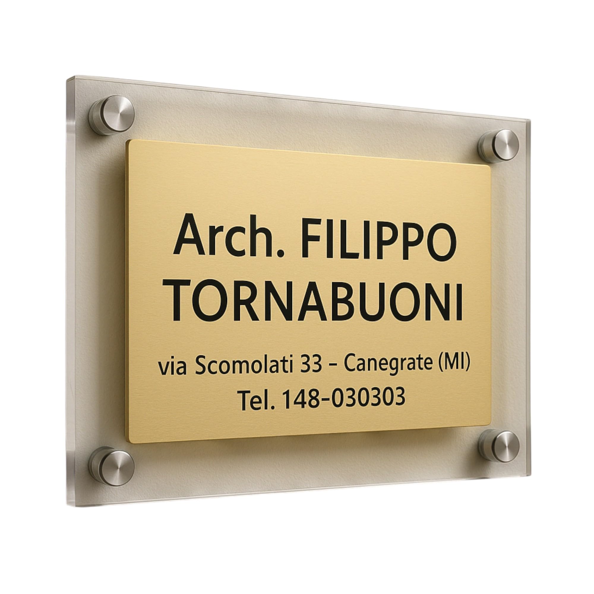 Targa Insegna Professionale Personalizzata per Azienda, Studio Medico, B&B, Acrilico Trasparente 5mm e Alluminio Effetto Oro, Montaggio con Kit Distanziali