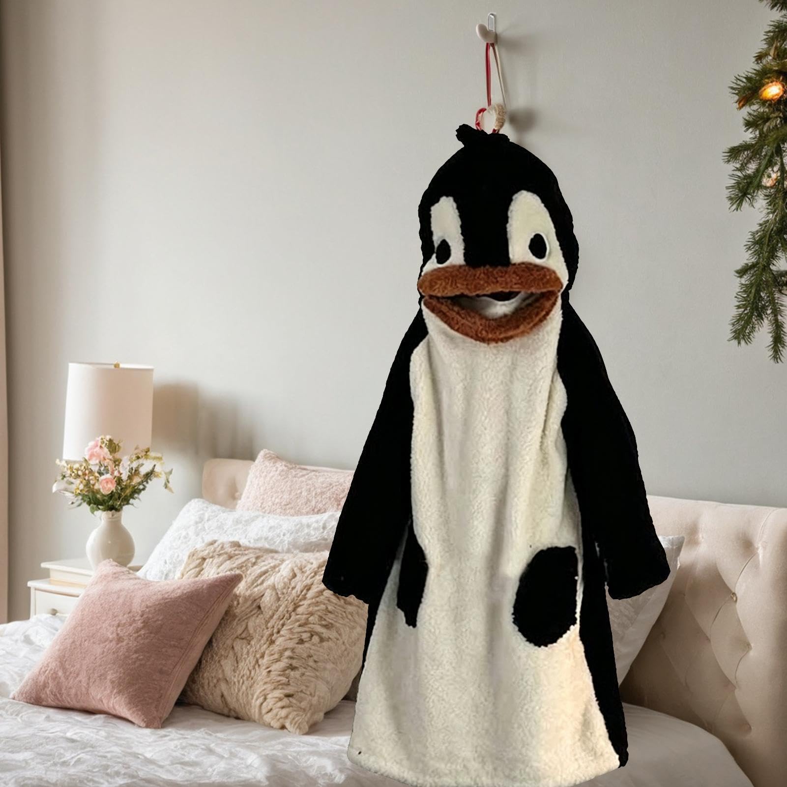 Pinguino - Coperta indossabile con cappuccio, pigiama intero in peluche, biancheria da notte con maniche, calda tuta con cappuccio, per adulti, bambini, casa, soggiorno, dormitorio, feste