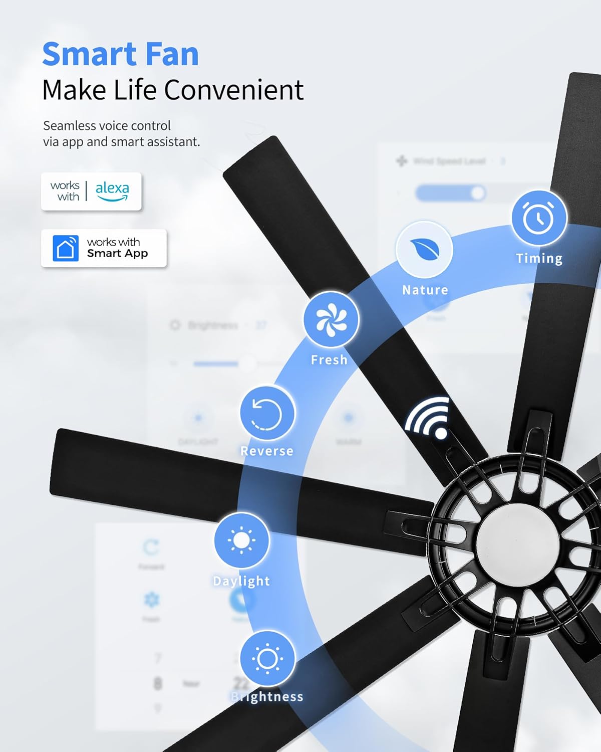 72 Inch Ceiling Fan with Light,Smart Ceiling Fan with Alexa Control,Large Black Indoor Outdoor Ceiling Fan,Modern Quiet Fan with Dual Finish 8 Blades for Living Room,Patio, ZCCF05BK-72