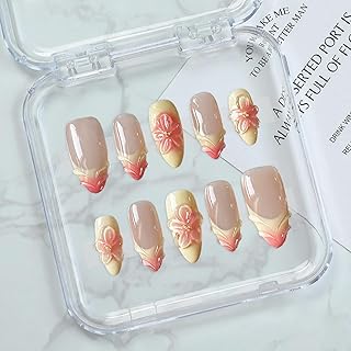 Almond Press on Nails Gradient French Tip Luxury False Nails Full Cover Handmade Press on Nails 3D Flower Water Ripple Designs Medium Thick Acrylic and Muti-Layer Gel Fake Nails for Women (Size S)