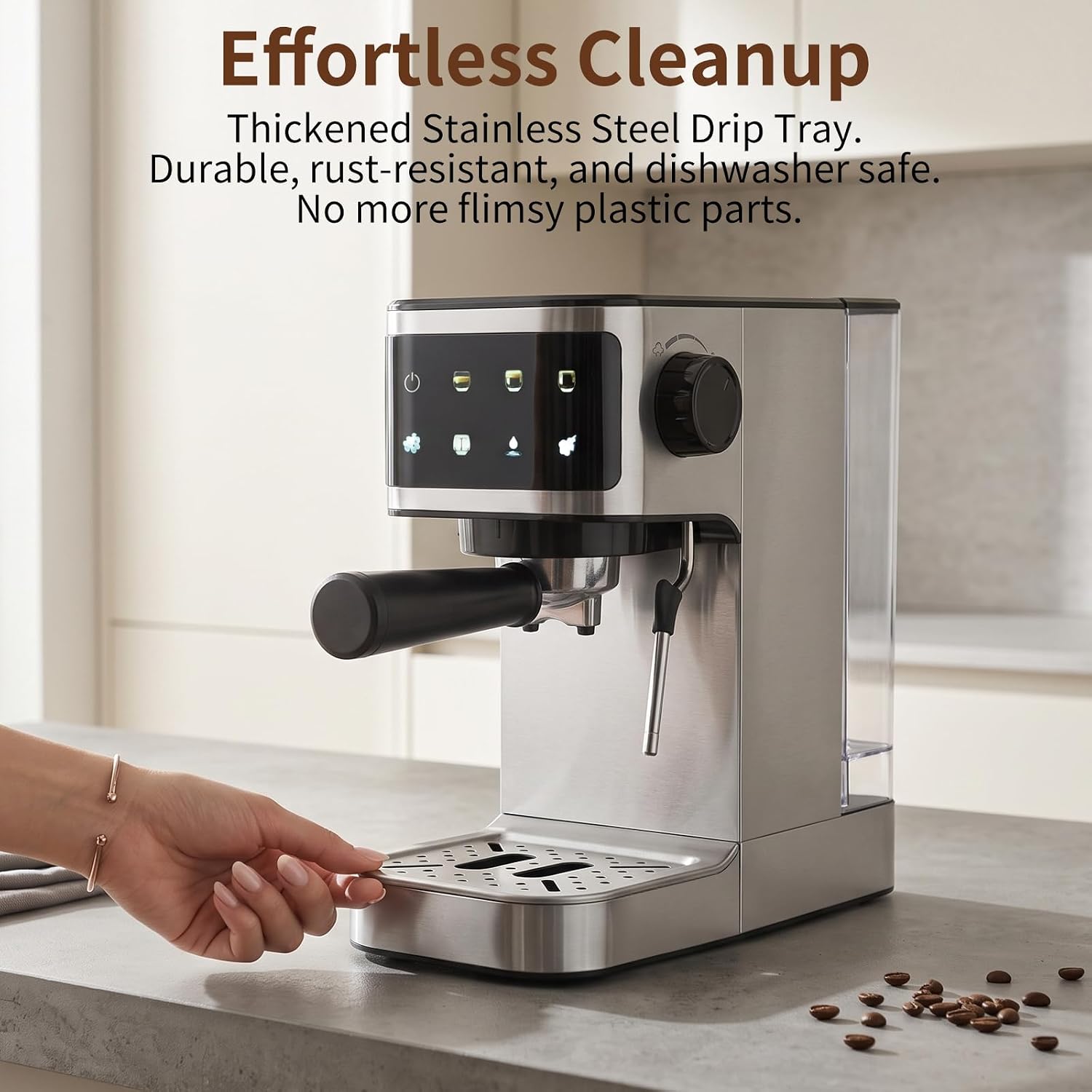 Espresso Machine 20 Bar, 1350W Instant Heating Coffee Maker with Stainless Steel Steam Wand & Touch Color Display, 6-in-1, 1.3L Removable Tank, Compact Stainless Steel