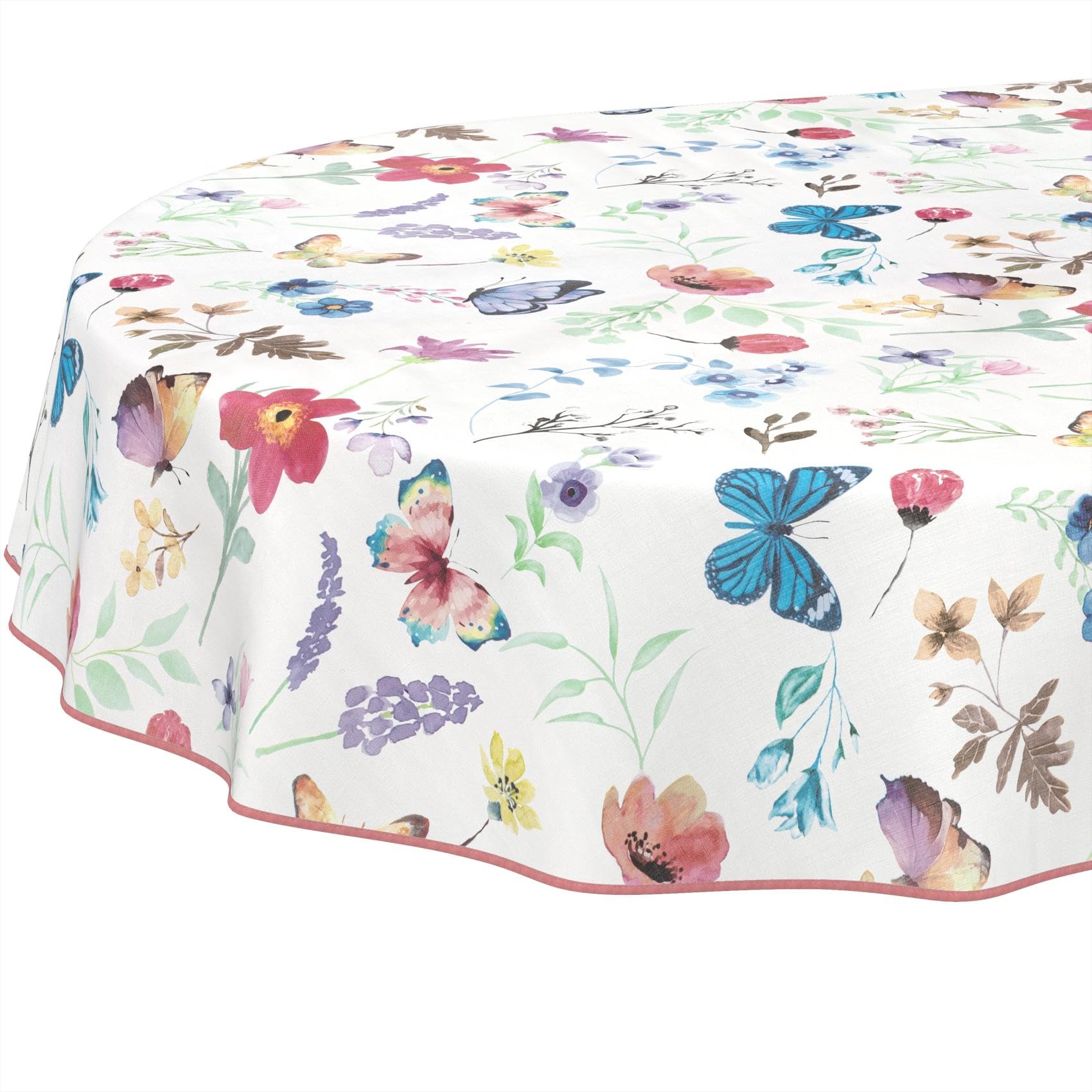 Oilcloth Tablecloth, Washable, Oilcloth, Easy Care, Water-Repellent, Lotus Effect, Garden Tablecloth, Butterflies, Oval, 160 x 140 cm with Hem (Edged)