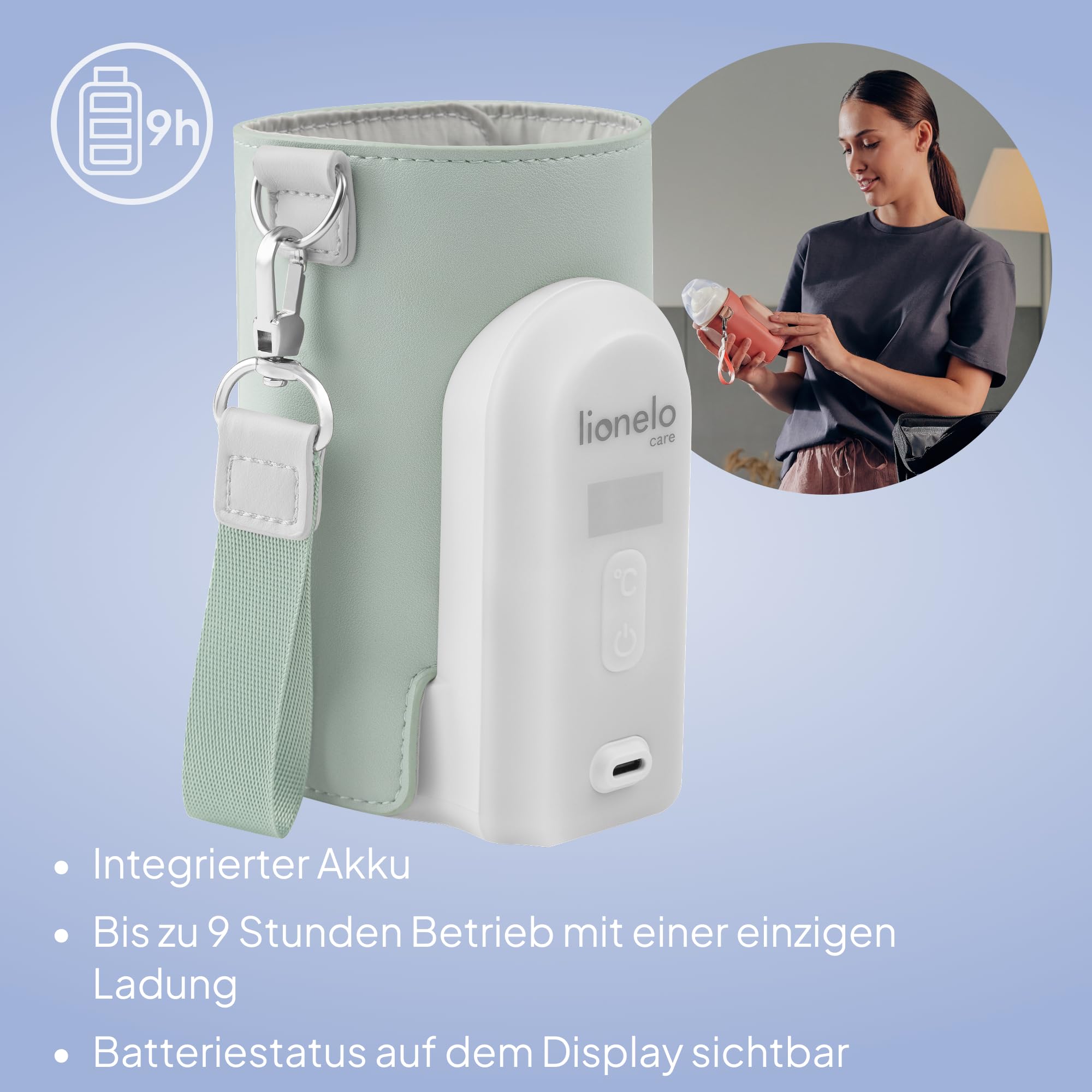 LIONELO Thermup Go Evo Tragbarer Babyflaschenwärmer hält Flüssigkeiten warm | 5 Betriebstemperaturen von 38 bis 50o C, USB-C Aufladung, bis zu 9 Stunden Betrieb, LCD Display