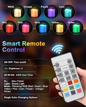 SoulBay RGB Color Changing Rechargeable Flameless Tea Light Candles, 12pcs | 1.57 Flickering LED Votives, Charging Base, Remote Timer, For Table, Room, Party, Halloween Decor
