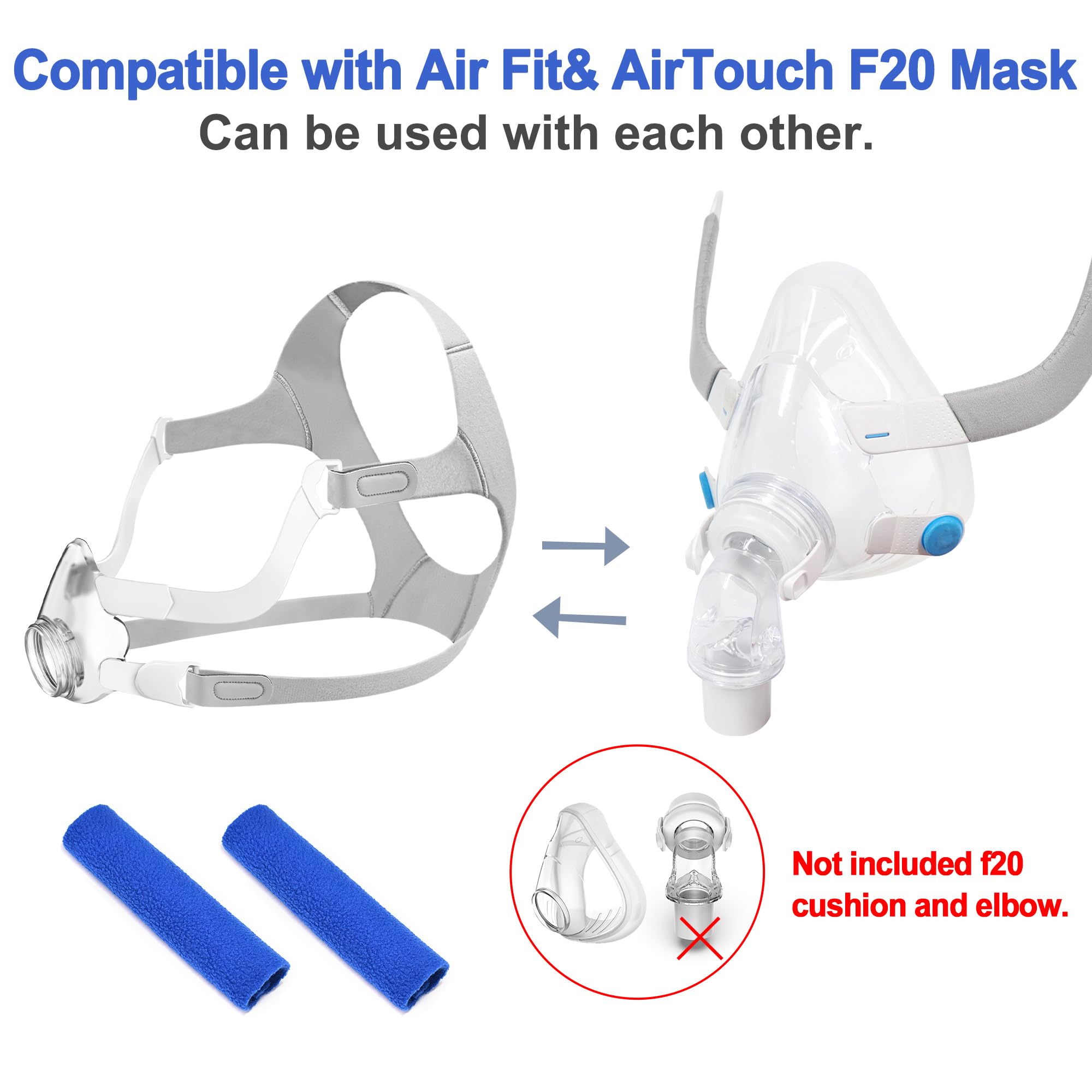 Kit de Recambio de Armazón para Airfit F20, Incluye 1 Armazón de 1 Pieza y 1 Arnés de 1 Pieza y 1 par de Clips y 2 Fundas de Correa de 2 Piezas (sin Codo), Accesorios de CPAP de BlessEase